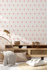 Wallpaper with a vertical floral pattern of small, delicate red flowers and leaves spaced evenly along thin, intricate lines on a light cream background. A classic and charming look, traditional wallpaper.