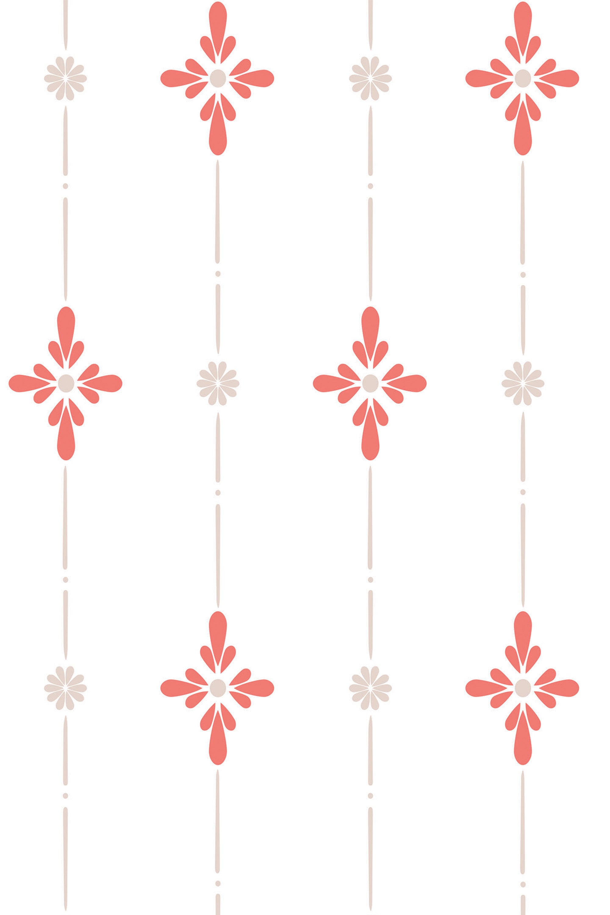 Patterned wallpaper with vertical lines of stylized flowers in red and light gray, evenly spaced on a white background. The design alternates between red floral clusters and light gray minimalist flower motifs, creating a repetitive, modern design. Peel and stick removable wallpaper.