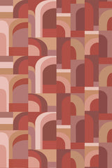 A repeating pattern with overlapping, curved arch shapes in warm tones of red, pink, brown, and beige, creating a geometric, retro 70s vibe. Peel and stick removable wallpaper.