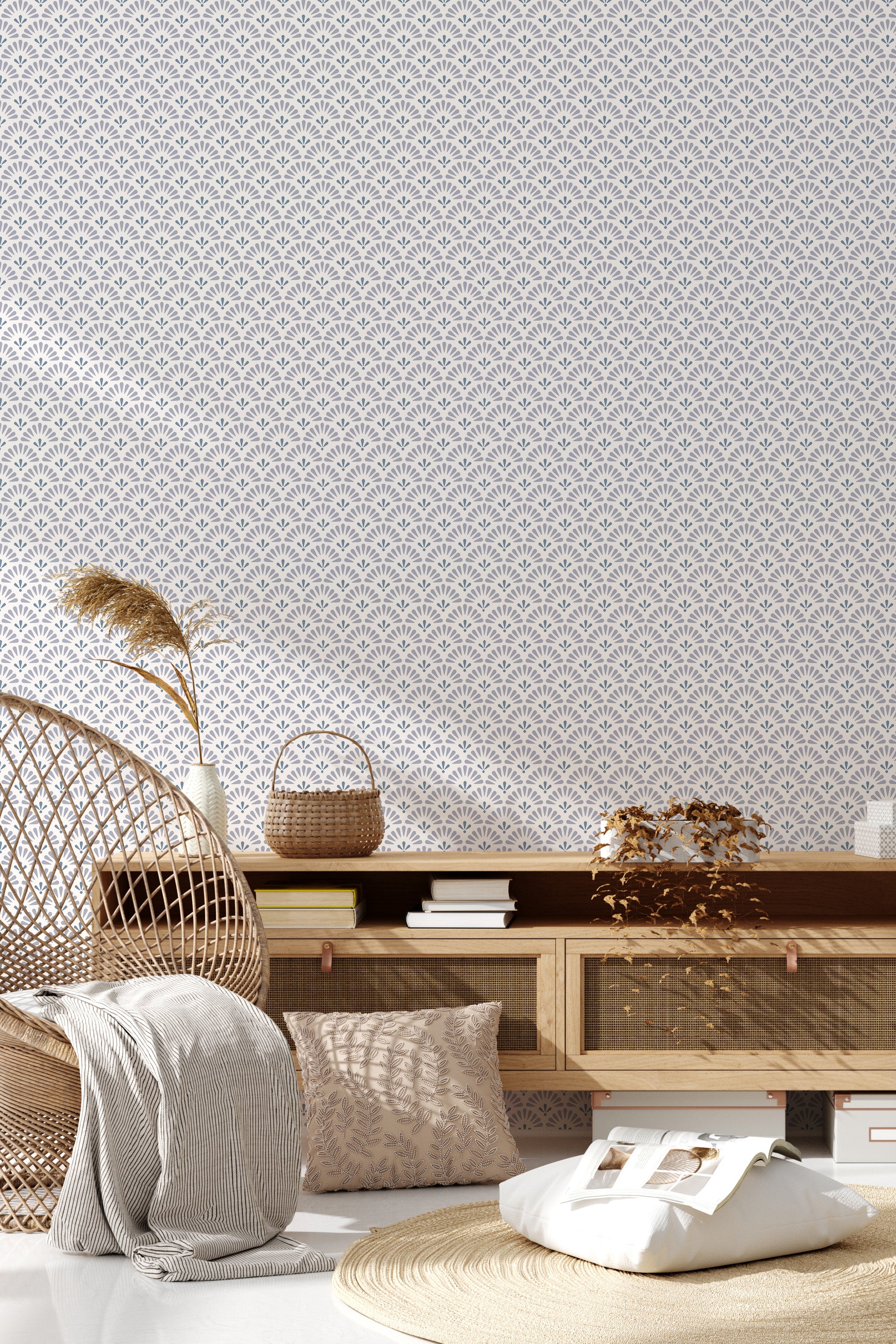 Wallpaper with a repeating pattern of interlocking retro-style half circles in a soft, neutral color palette. The design adds a subtle yet classic touch to the room, giving it a vintage vibe while maintaining a clean and modern aesthetic. Traditional wallpaper.