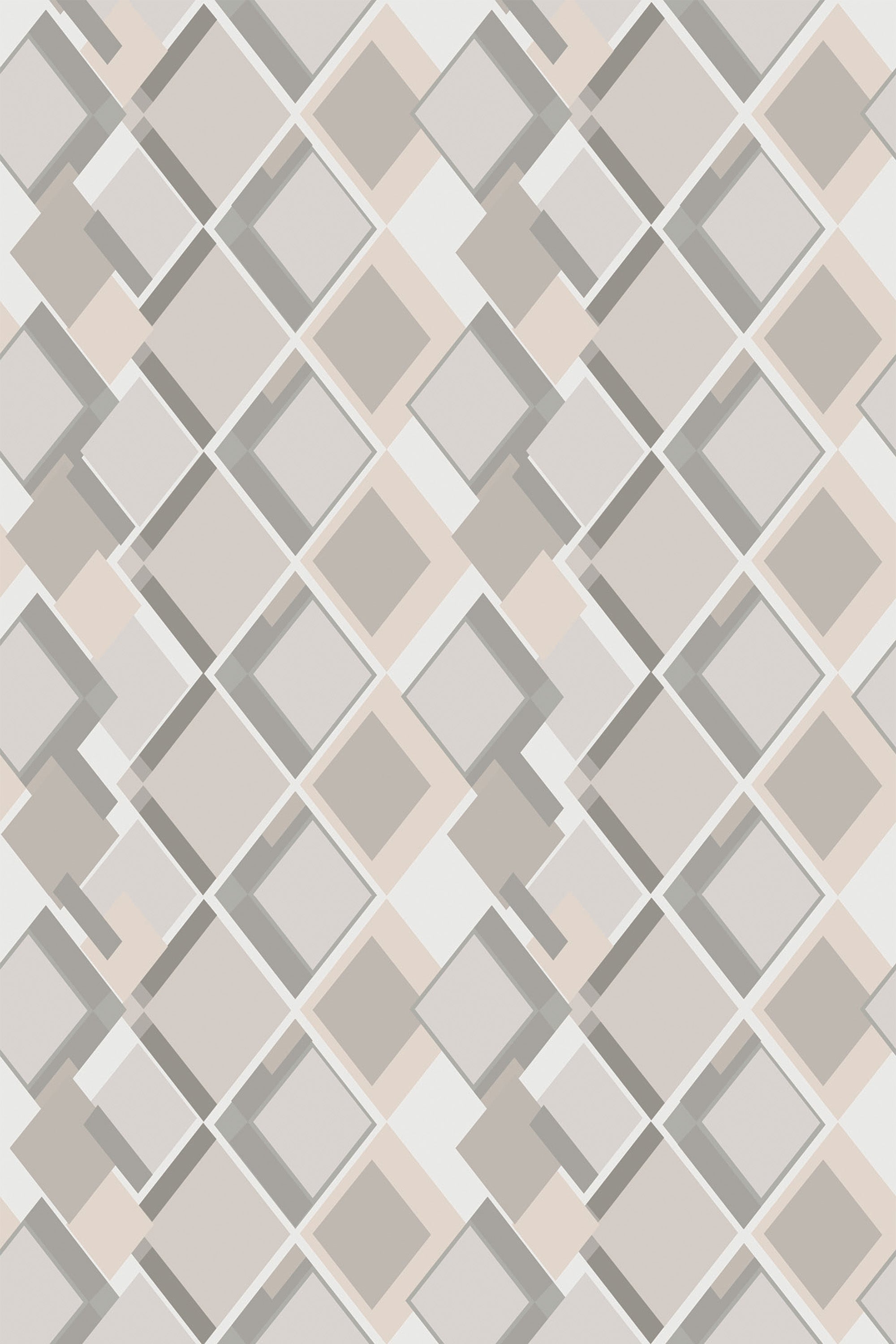 A repeating pattern of overlapping squares and rectangles in shades of gray and beige with a retro geometric design. Peel and stick removable wallpaper.