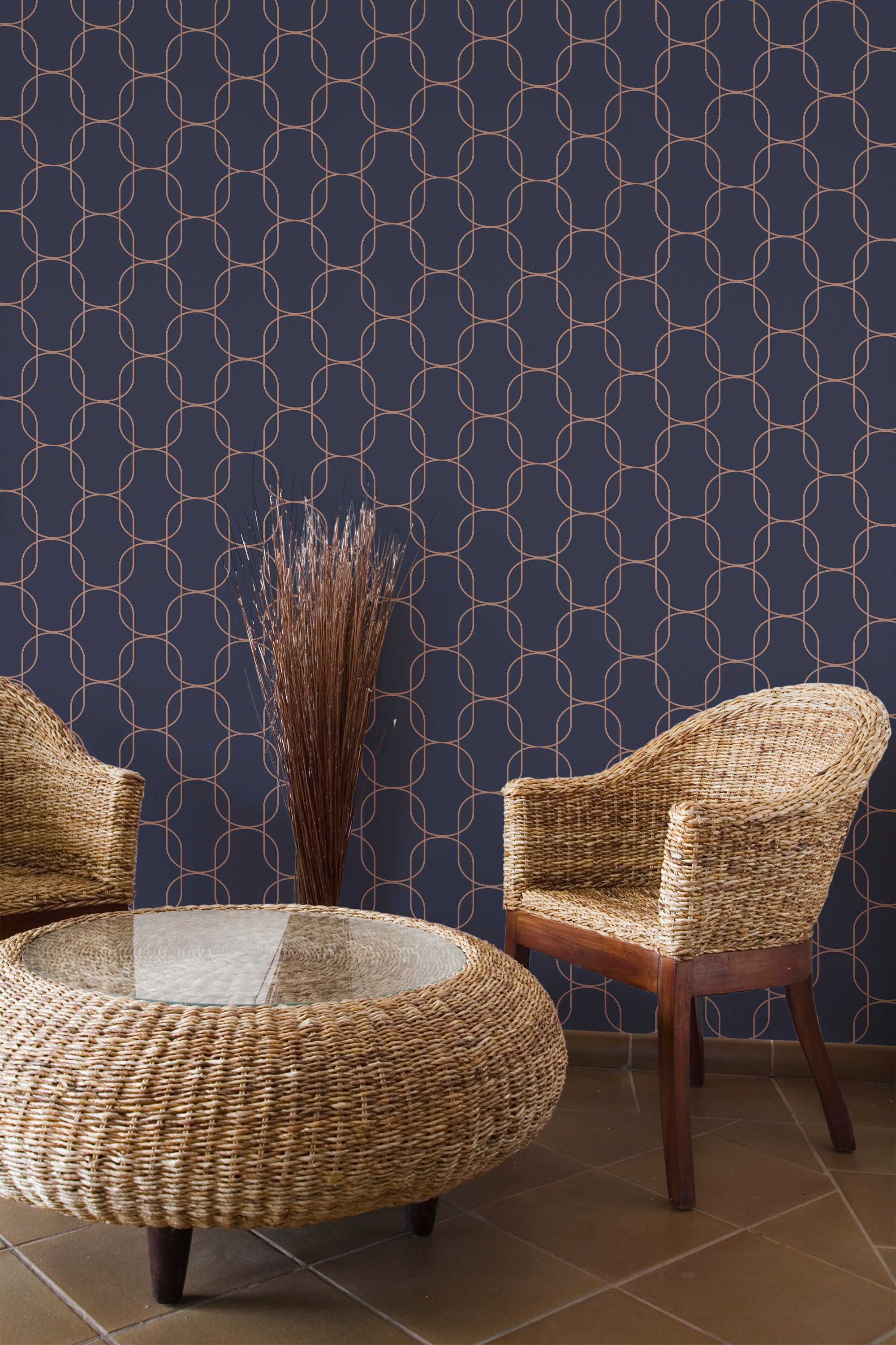 Self-adhesive wallpaper with an oval geometric design, featuring interconnected, thin lines on a dark background.