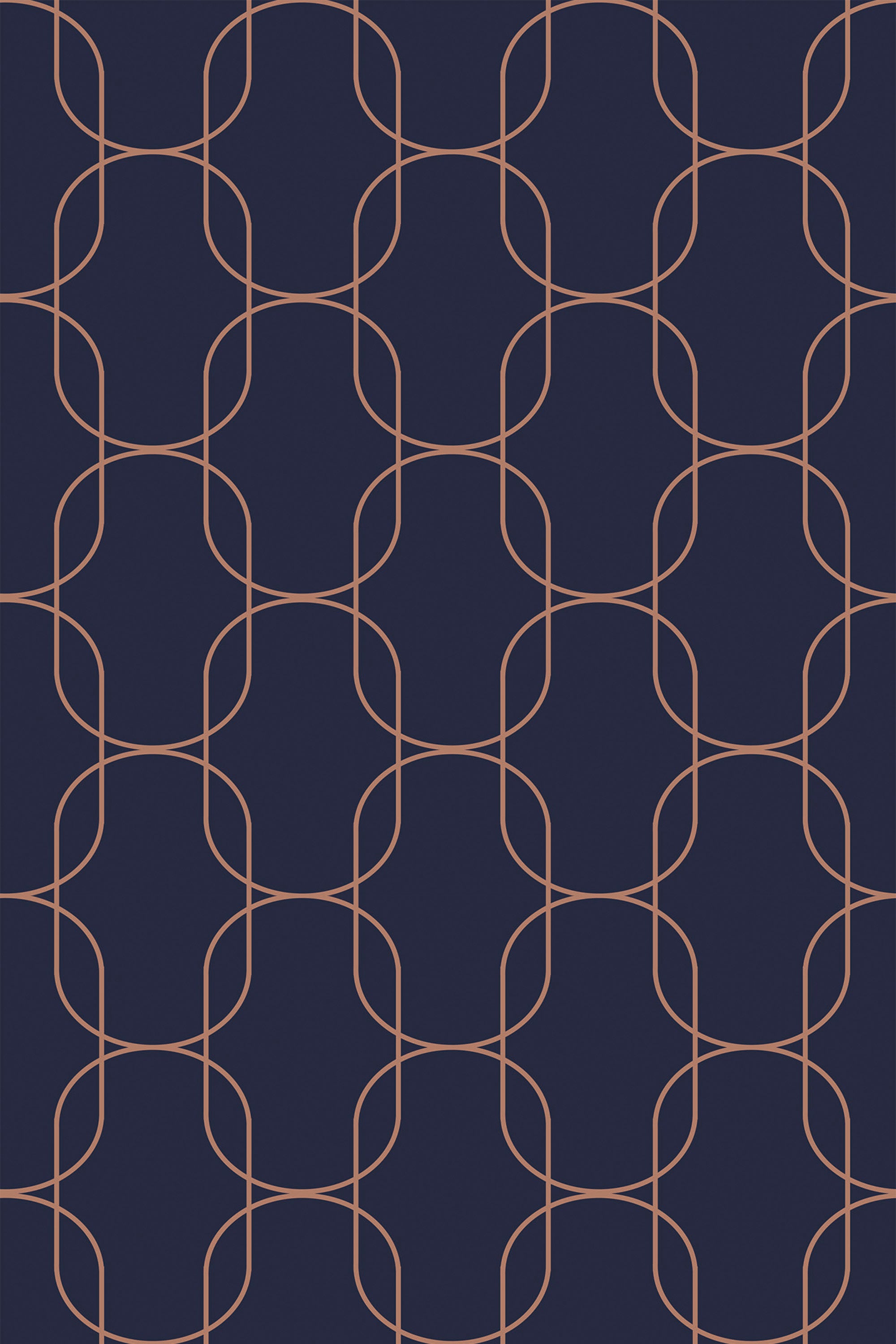 A repeat pattern of interlocking oval shapes in a warm copper hue on a deep navy background. Peel and stick removable wallpaper.