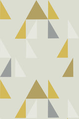 Geometric wallpaper pattern with a mix of yellow, gray, and white triangles on a light beige background. Peel and stick removable wallpaper.