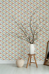 Self-adhesive wallpaper with a colorful boho circle pattern in warm, earthy tones, including terracotta, mustard, and sage green on a light background. The design creates a retro-inspired, relaxing atmosphere.