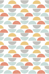 Colorful boho circle pattern with semi-circles in muted tones of orange, blue, yellow, and gray, arranged in an alternating and repeating sequence. Some of the semi-circles feature a speckled texture. Peel and stick removable wallpaper.