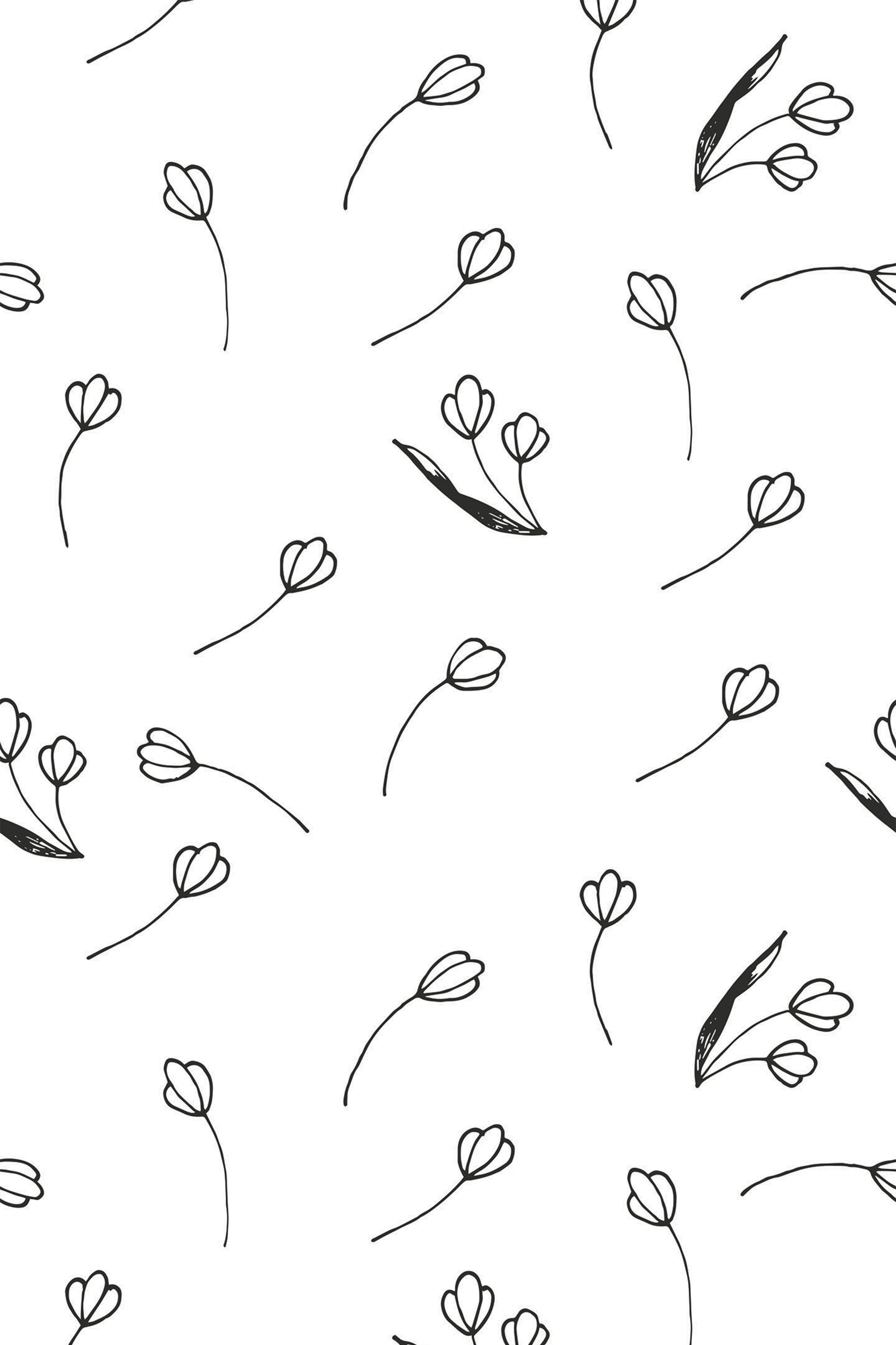 Black and white minimalist floral pattern with simple, delicate line drawings of tulip-like flowers on thin stems, scattered across a white background. Peel and stick removable wallpaper.