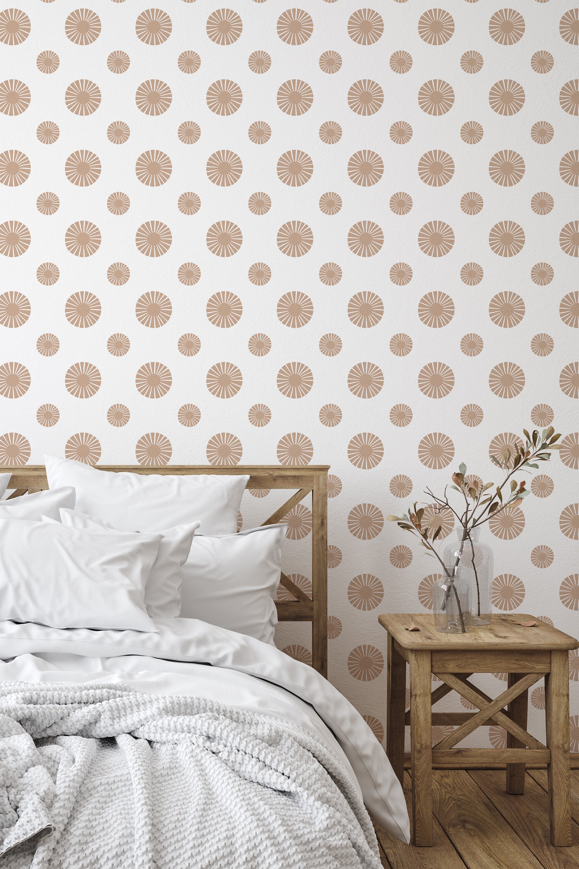 Self-adhesive wallpaper with a polka dot flower pattern, featuring circular floral designs in a soft brown color on a white background.