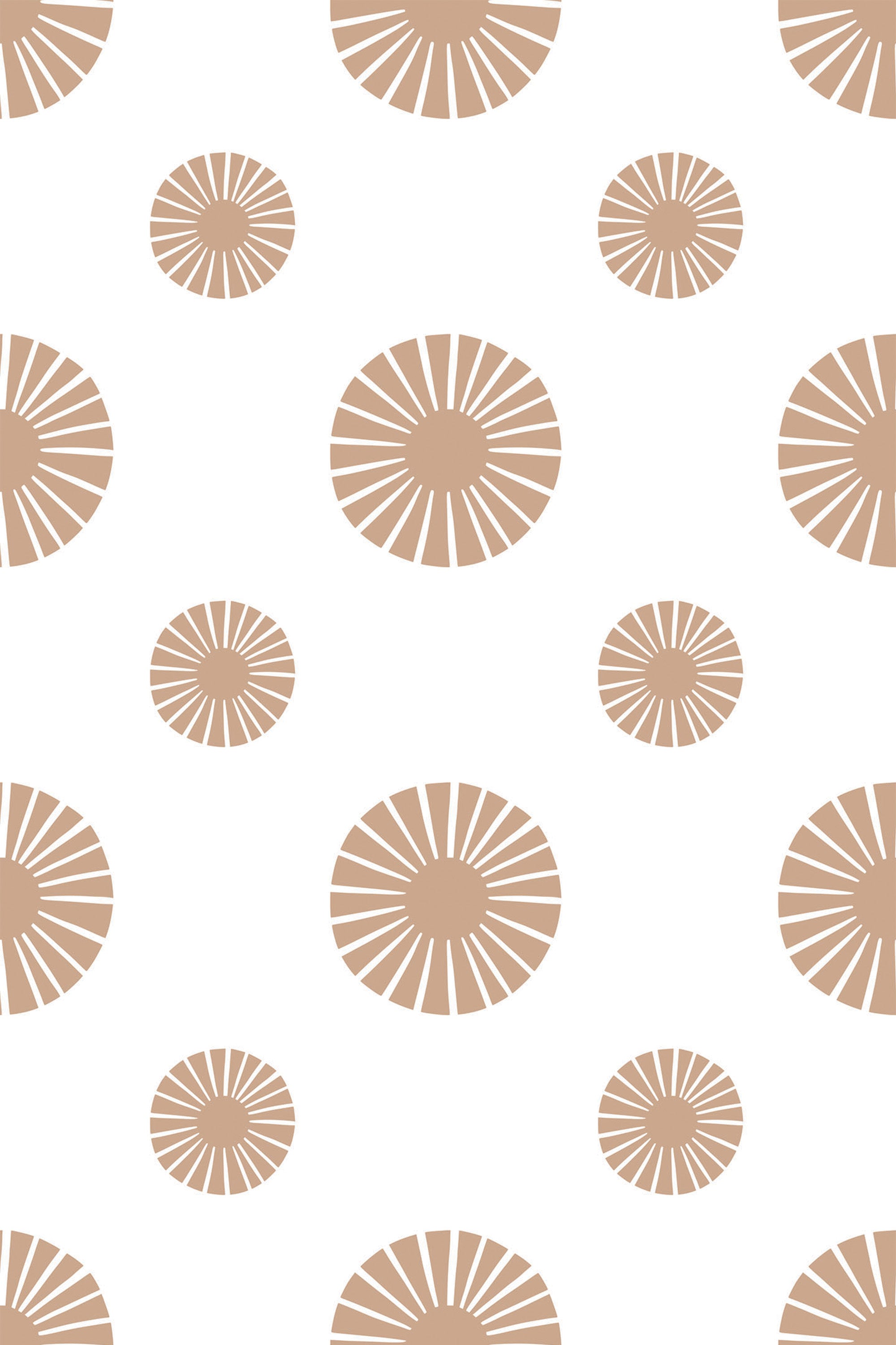 Beige radial flower bursts in varying sizes scattered over a white background, peel and stick removable wallpaper.