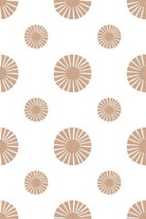 Beige radial flower bursts in varying sizes scattered over a white background, peel and stick removable wallpaper.