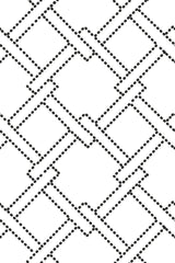 Dotted geometric design with interlocking diamond shapes formed by evenly spaced small black dots on a white background, peel and stick removable wallpaper.