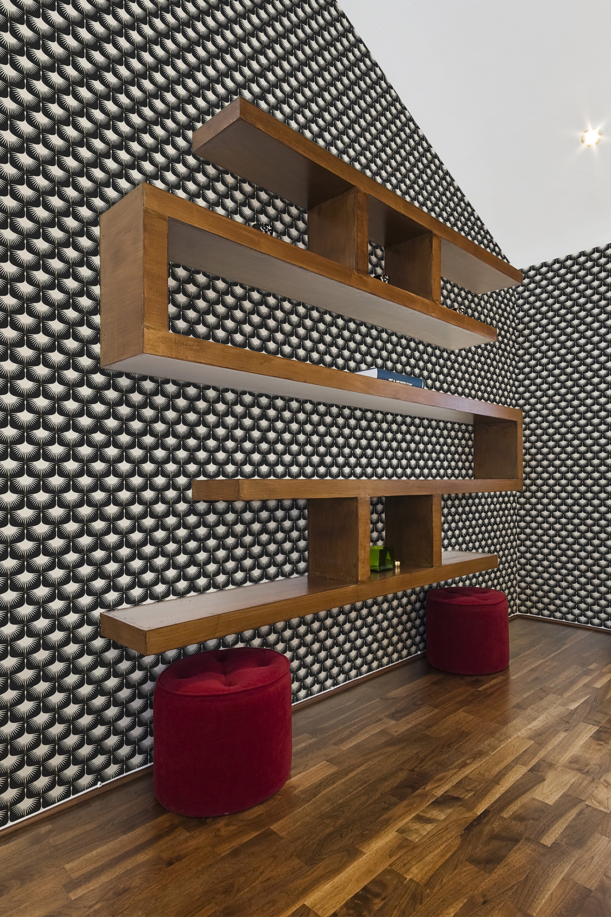 A detailed wallpaper design with repeating small swan patterns in a black and white color scheme, complementing the dark wood floors and minimalist wooden shelving. Traditional wallpaper.