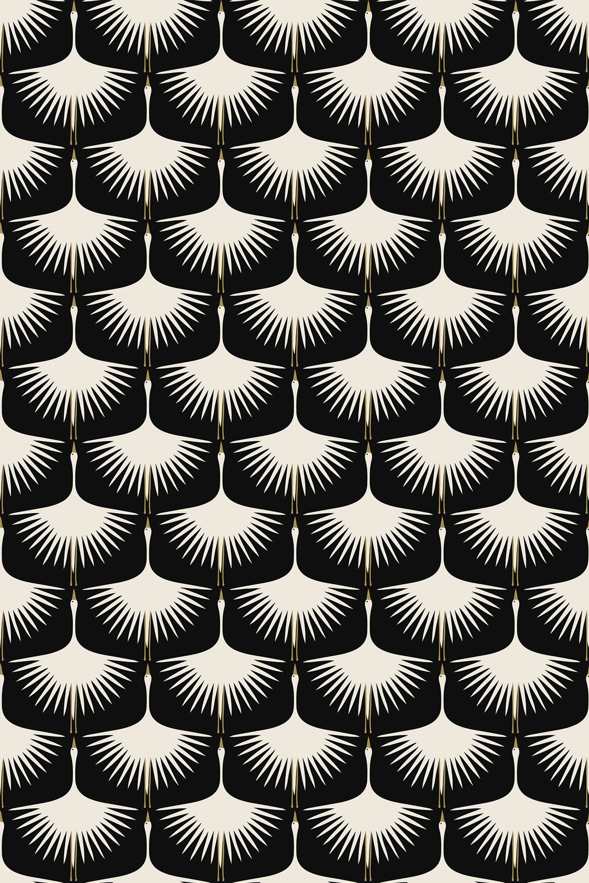 A repeating pattern of minimalist swan-like shapes in white against a black background. Peel and stick removable wallpaper.