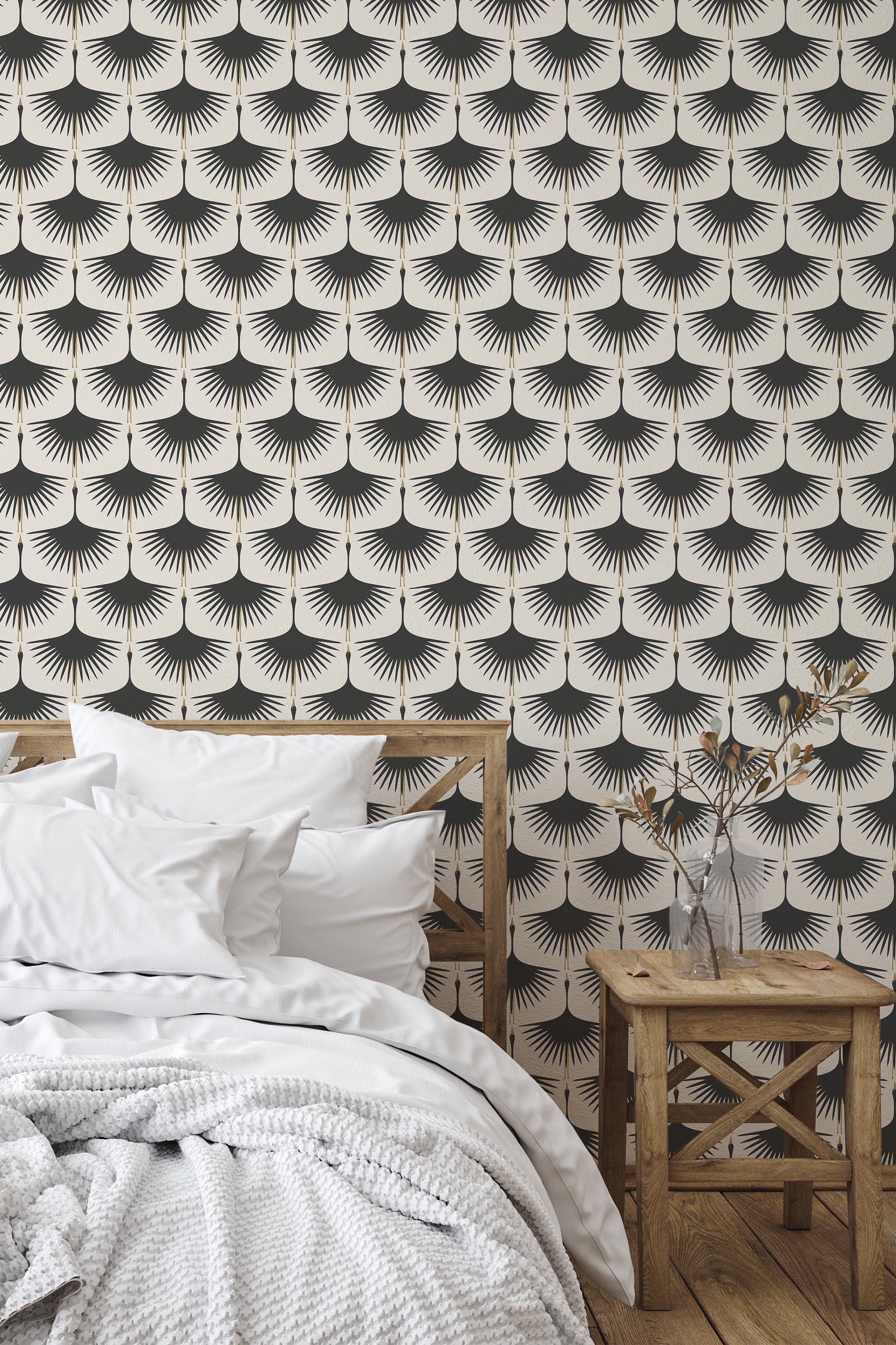 Self-adhesive wallpaper with a repeating pattern of stylized swans in black and white, creating a bold and symmetrical design.