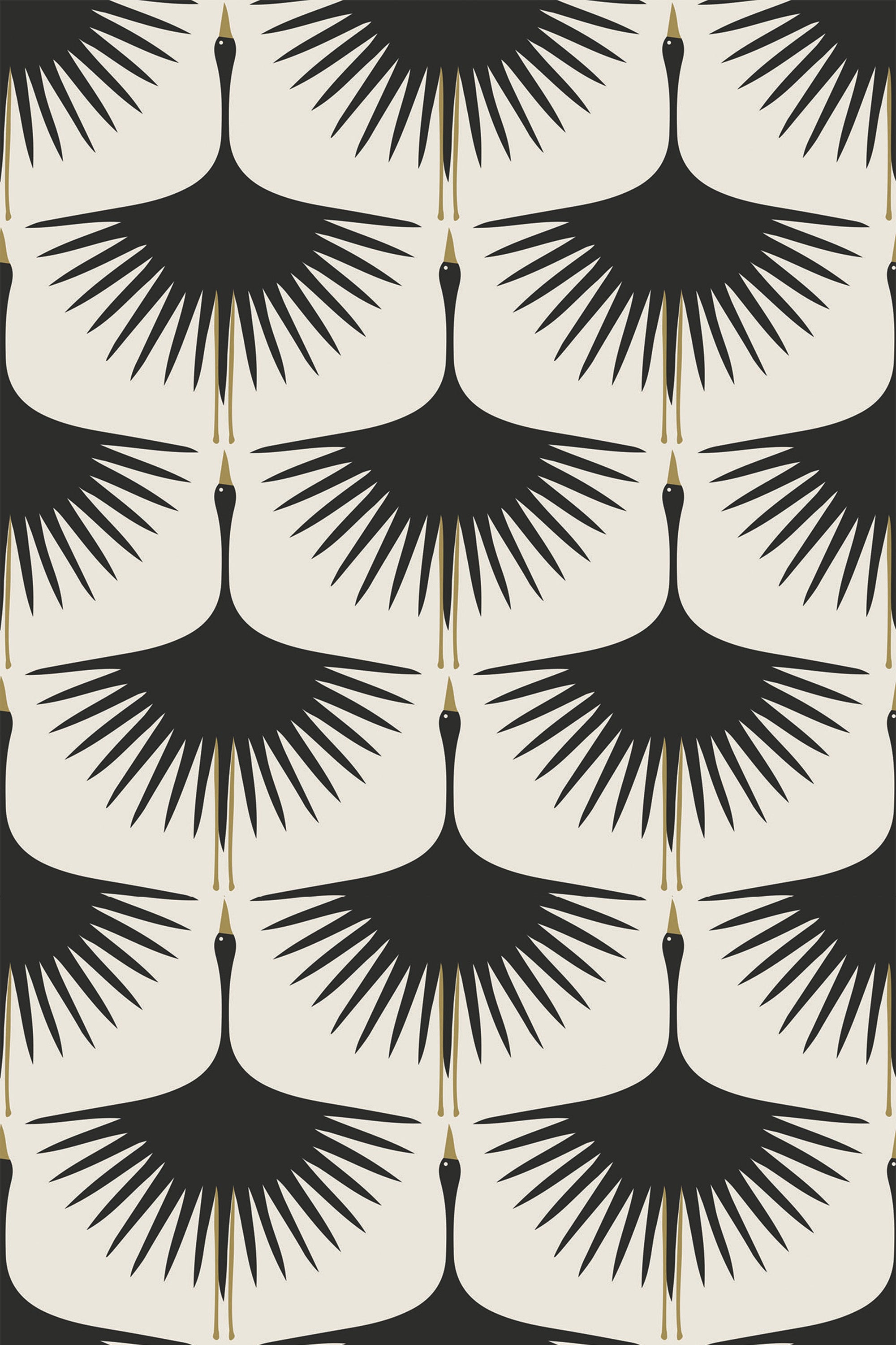 Pattern of stylized black swans with outstretched wings and gold accents on beaks set against a cream-colored background, arranged in alternating directions. Peel and stick removable wallpaper.