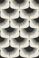 Pattern of stylized black swans with outstretched wings and gold accents on beaks set against a cream-colored background, arranged in alternating directions. Peel and stick removable wallpaper.