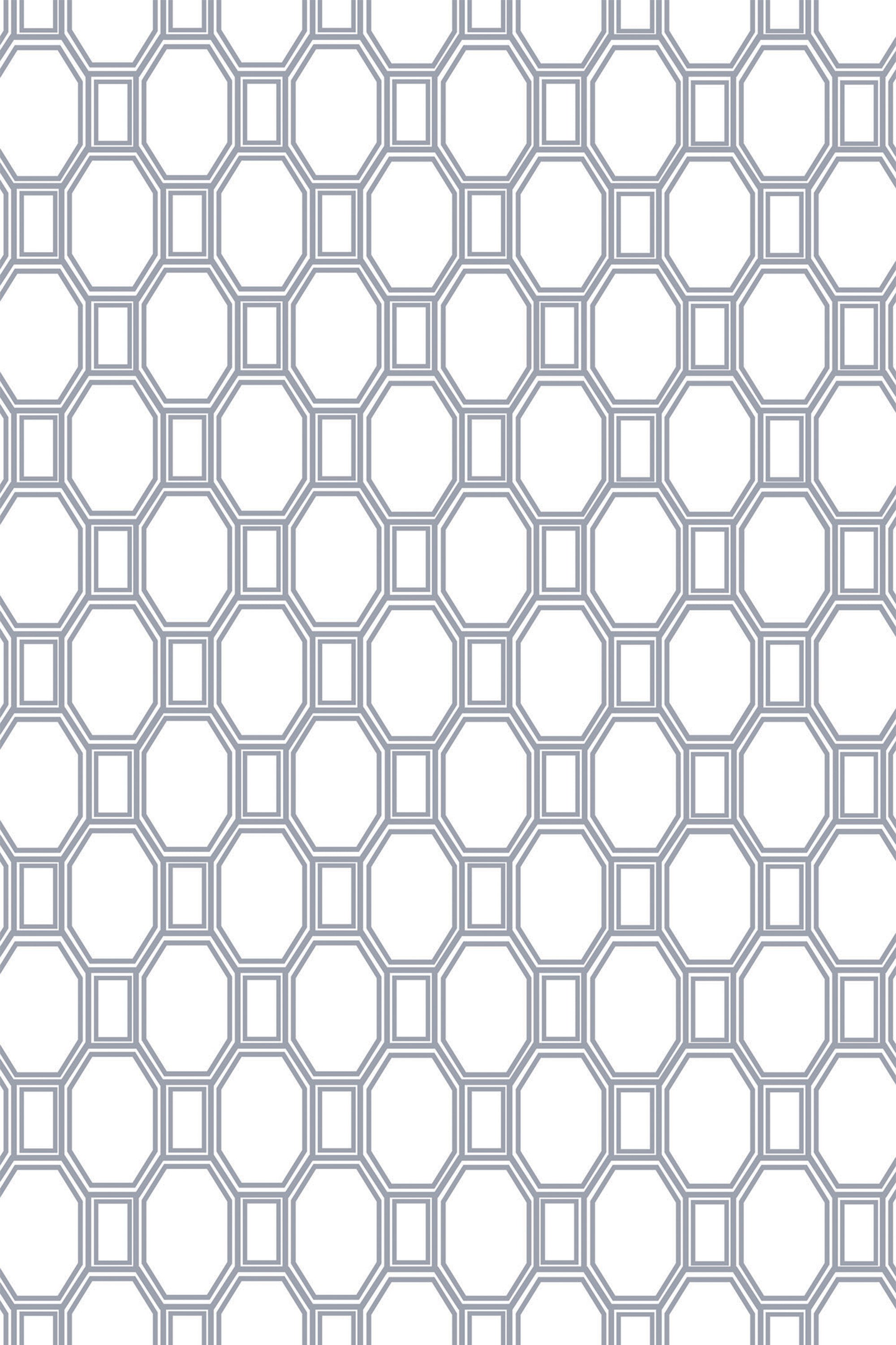 A repeating pattern of interlocking octagons and squares in gray lines on a white background, with a minimalist and modern farmhouse geometric design, peel and stick removable wallpaper.