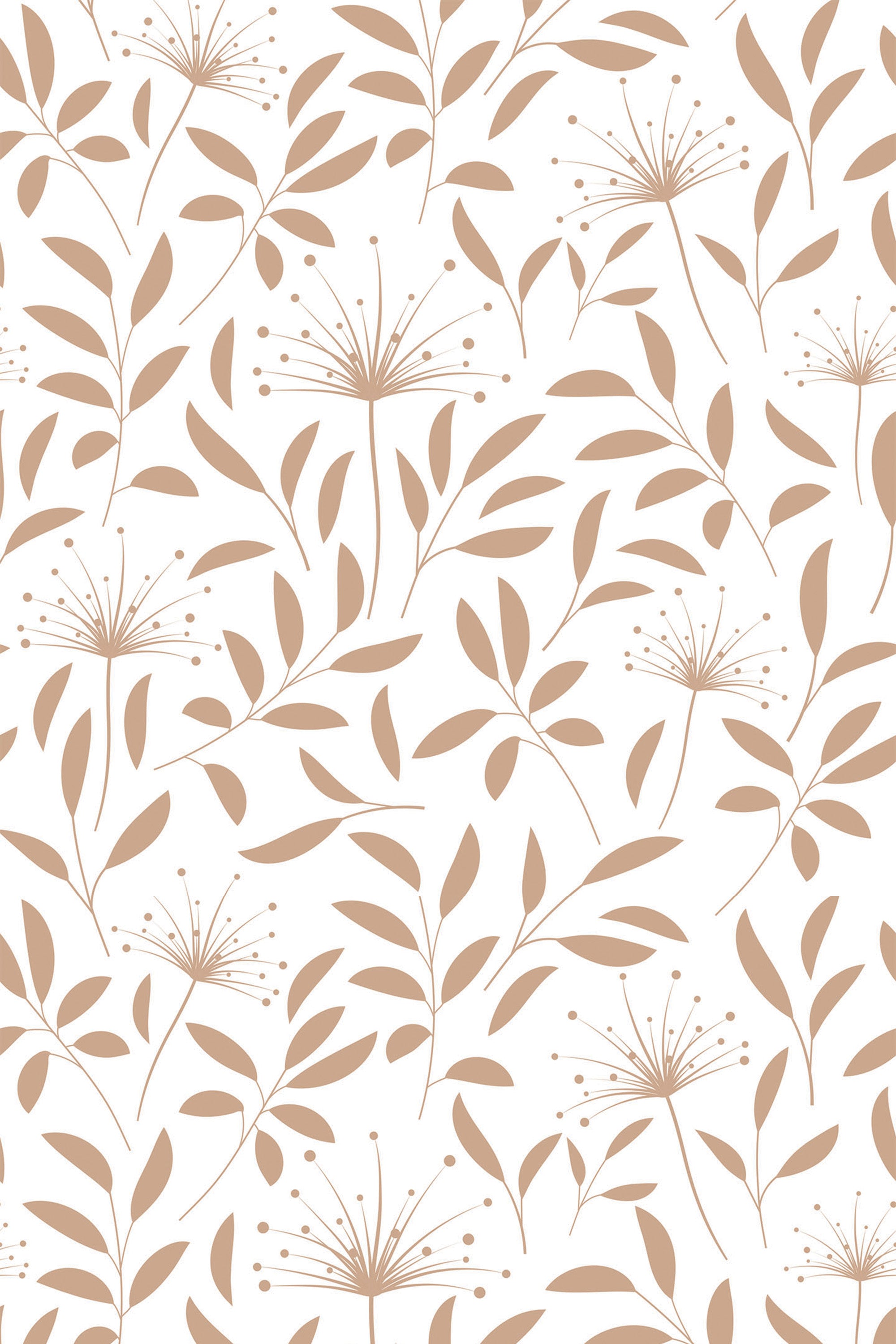 Tan dandelions with delicate seeds are combined with scattered tan leafy branches on a white background, peel and stick removable wallpaper.