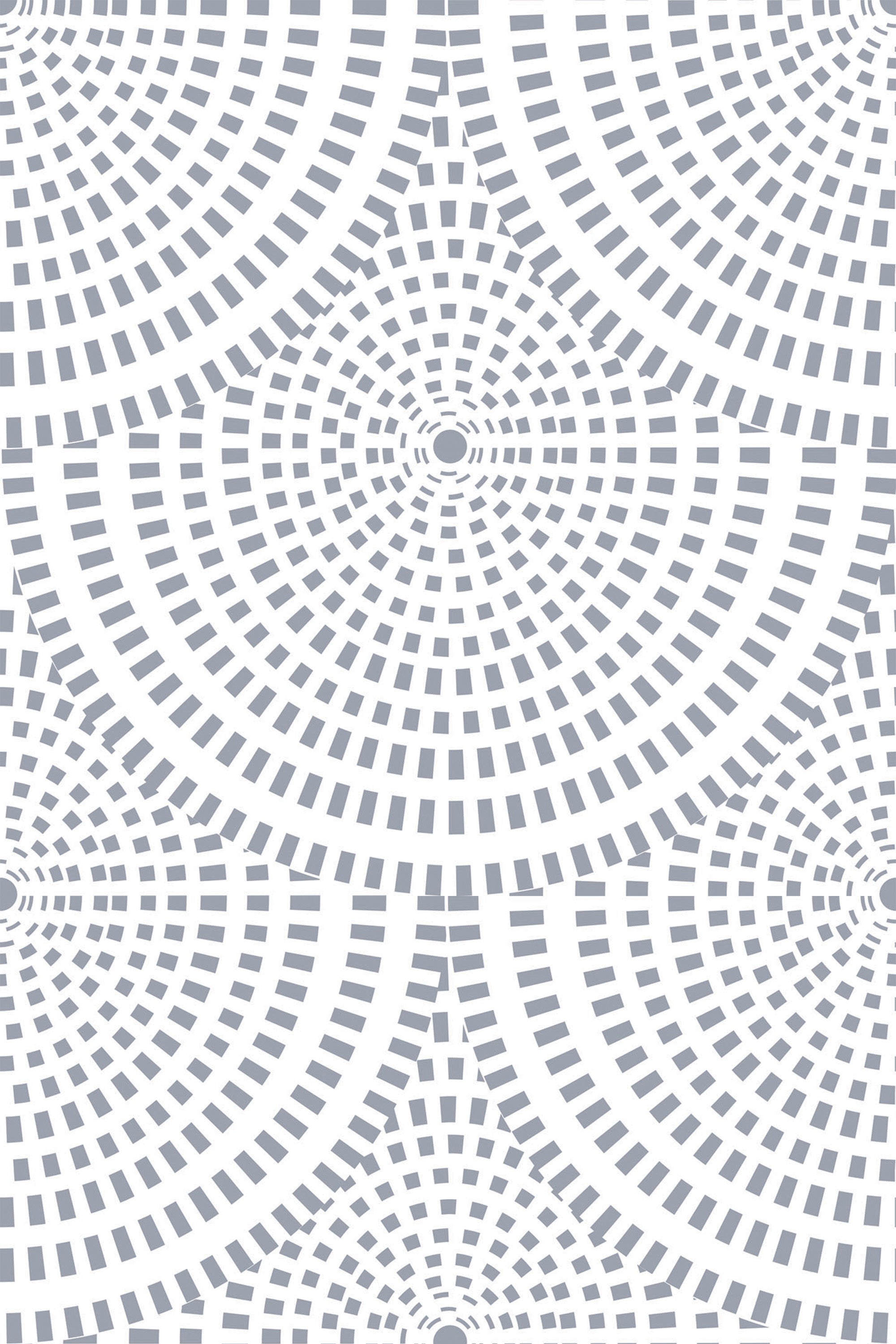 Optic circle wallpaper design with repeated concentric circles of varying line thickness in shades of grey on a white background. Peel and stick removable wallpaper.