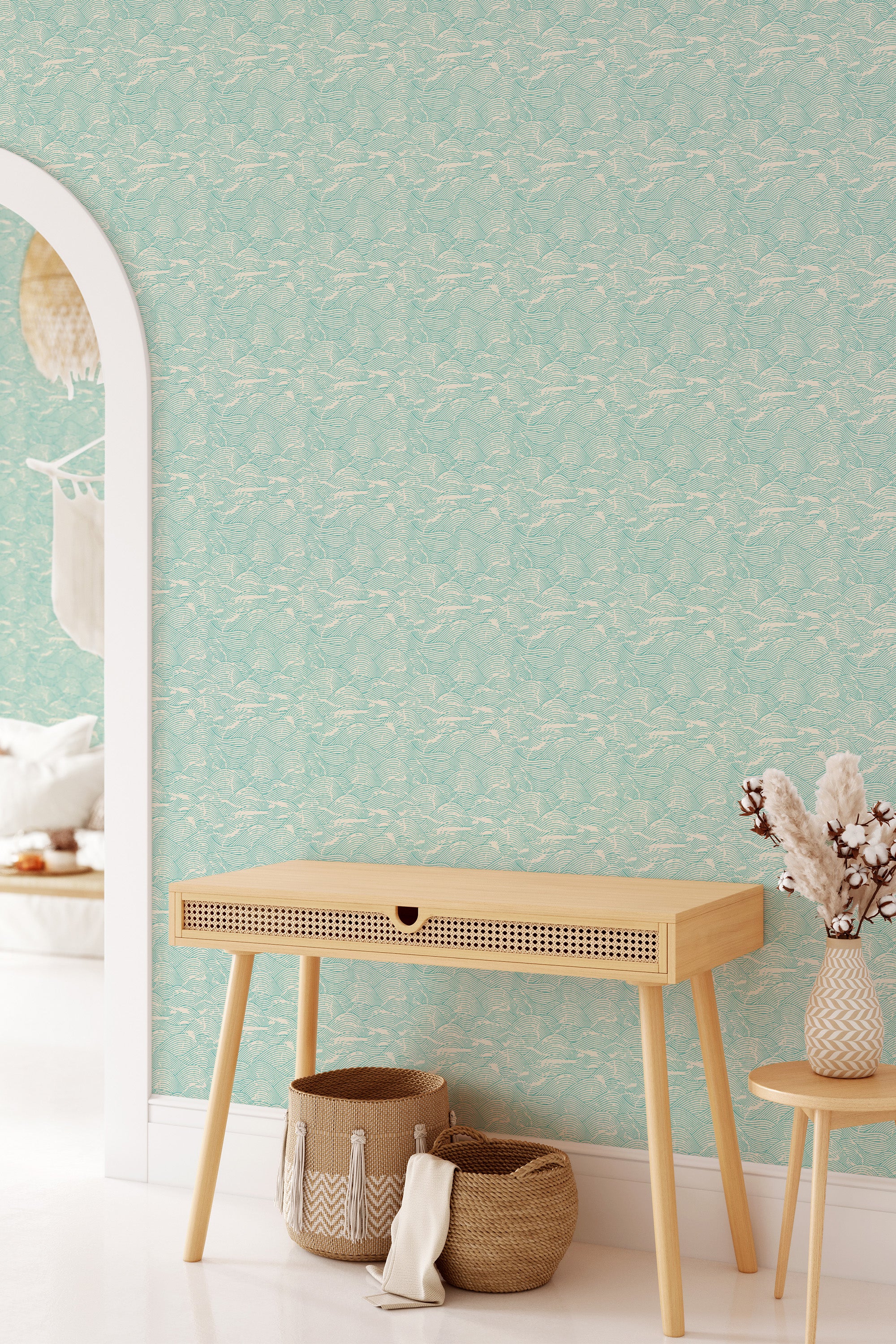 Room with wallpaper with a subtle Vintage wave pattern on a soft green background, in a traditional wallpaper.