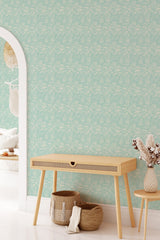 Room with wallpaper with a subtle Vintage wave pattern on a soft green background, in a traditional wallpaper.