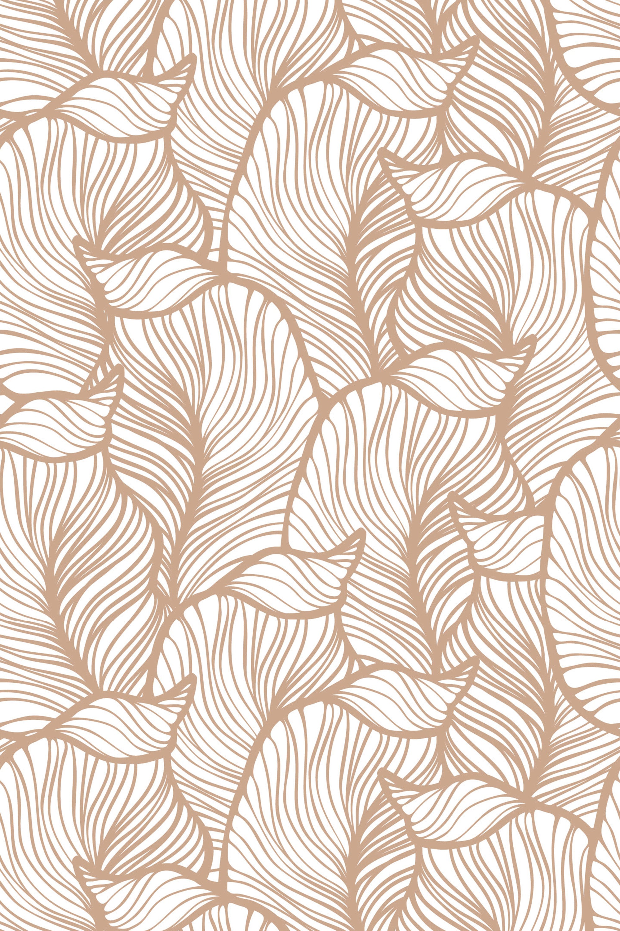 Tan and white wallpaper with an abstract pattern of curving, striped leaves that flow in an overlapping arrangement. Peel and stick removable wallpaper.