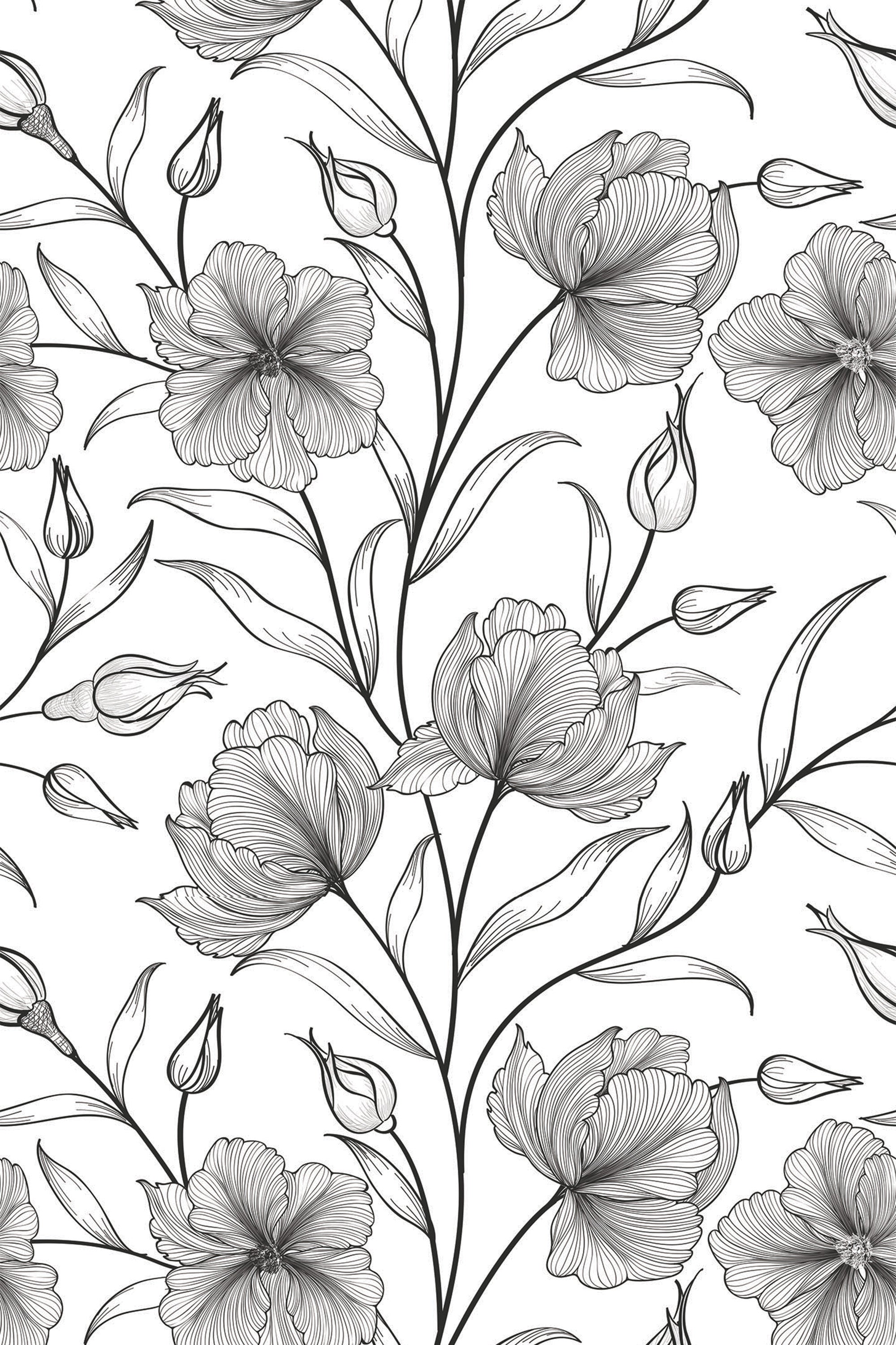 Elegant large floral pattern with intricately detailed flowers and leaves in a monochrome palette on a white background, creating a sophisticated and luxurious look. Perfect for adding a touch of nature and refinement to any room, peel and stick removable wallpaper.