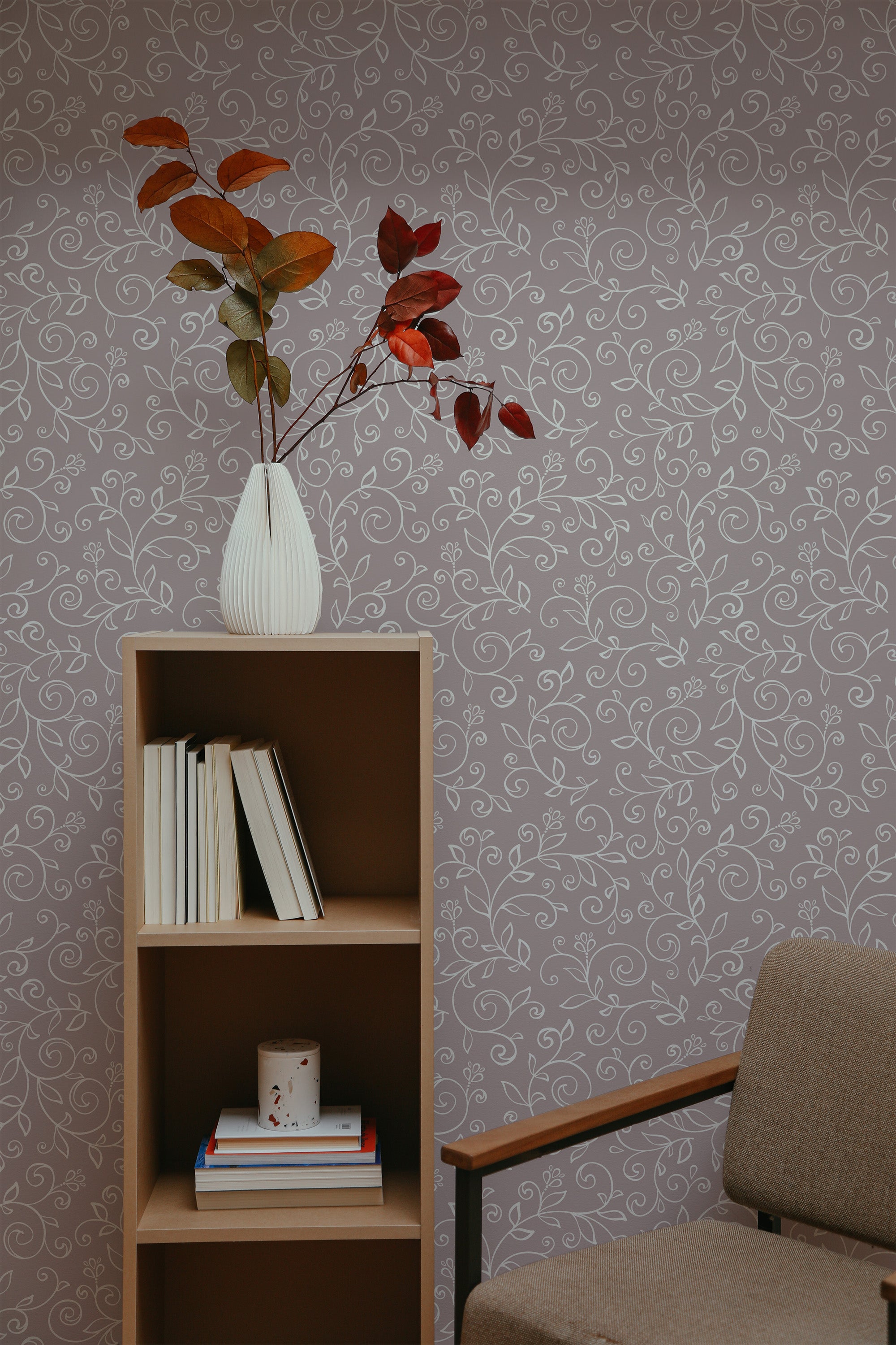 Self-adhesive wallpaper with a vintage simple floral design in light hues on a muted background, adding an elegant and subtle touch to the room.
