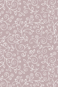 A repeating pattern of delicate white floral vines with leaves and small buds on a soft mauve-colored background, peel and stick removable wallpaper.