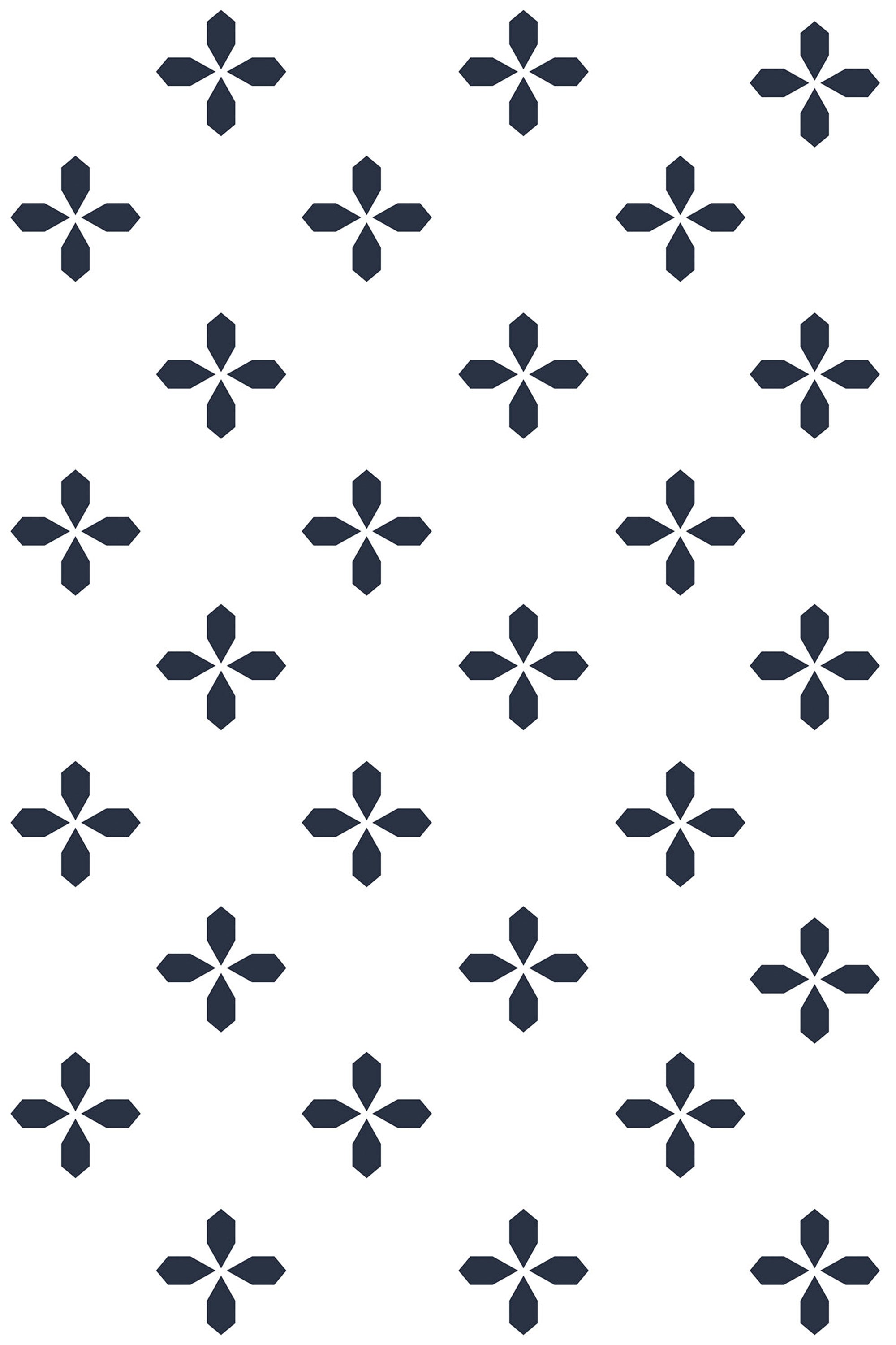 Blue geometric wallpaper with a repeating pattern of dark blue, four-pointed shapes on a white background, peel and stick removable wallpaper.
