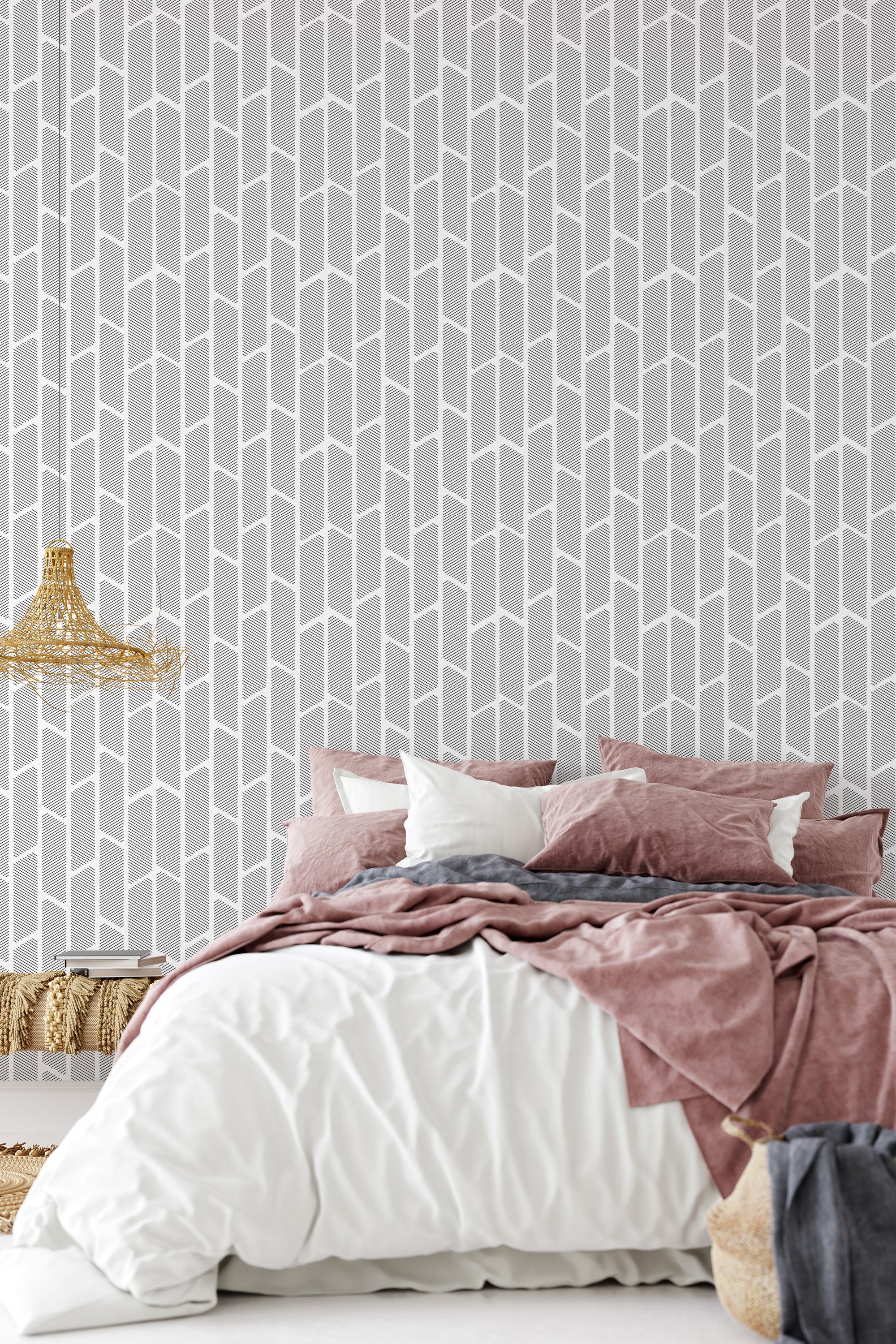 Geometric striped wallpaper with a series of vertical chevron patterns in white and grey, creating a modern aesthetic on a traditional wallpaper.