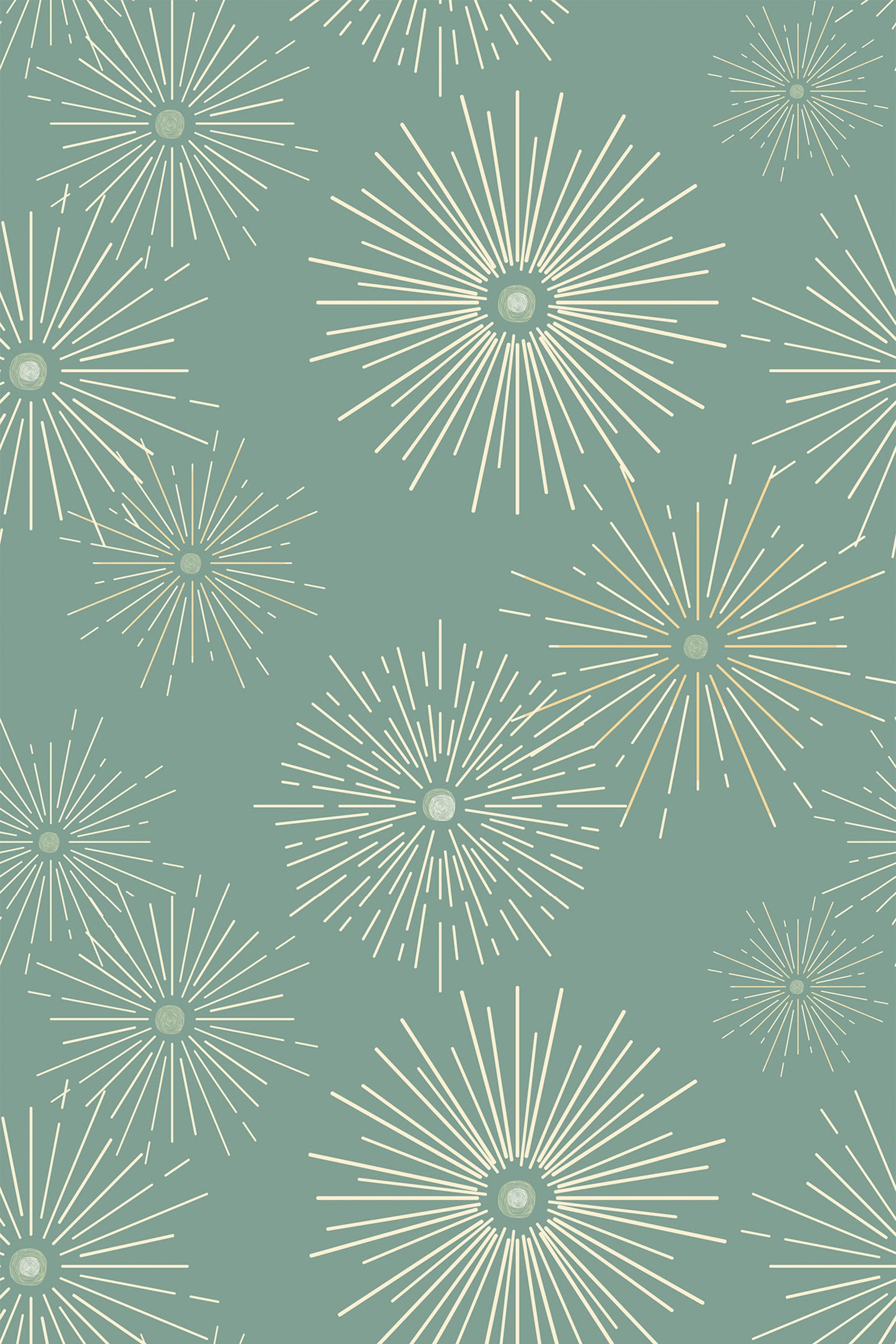 Green Star pattern with radiating, starburst shapes in varying sizes on a muted green background, peel and stick removable wallpaper.