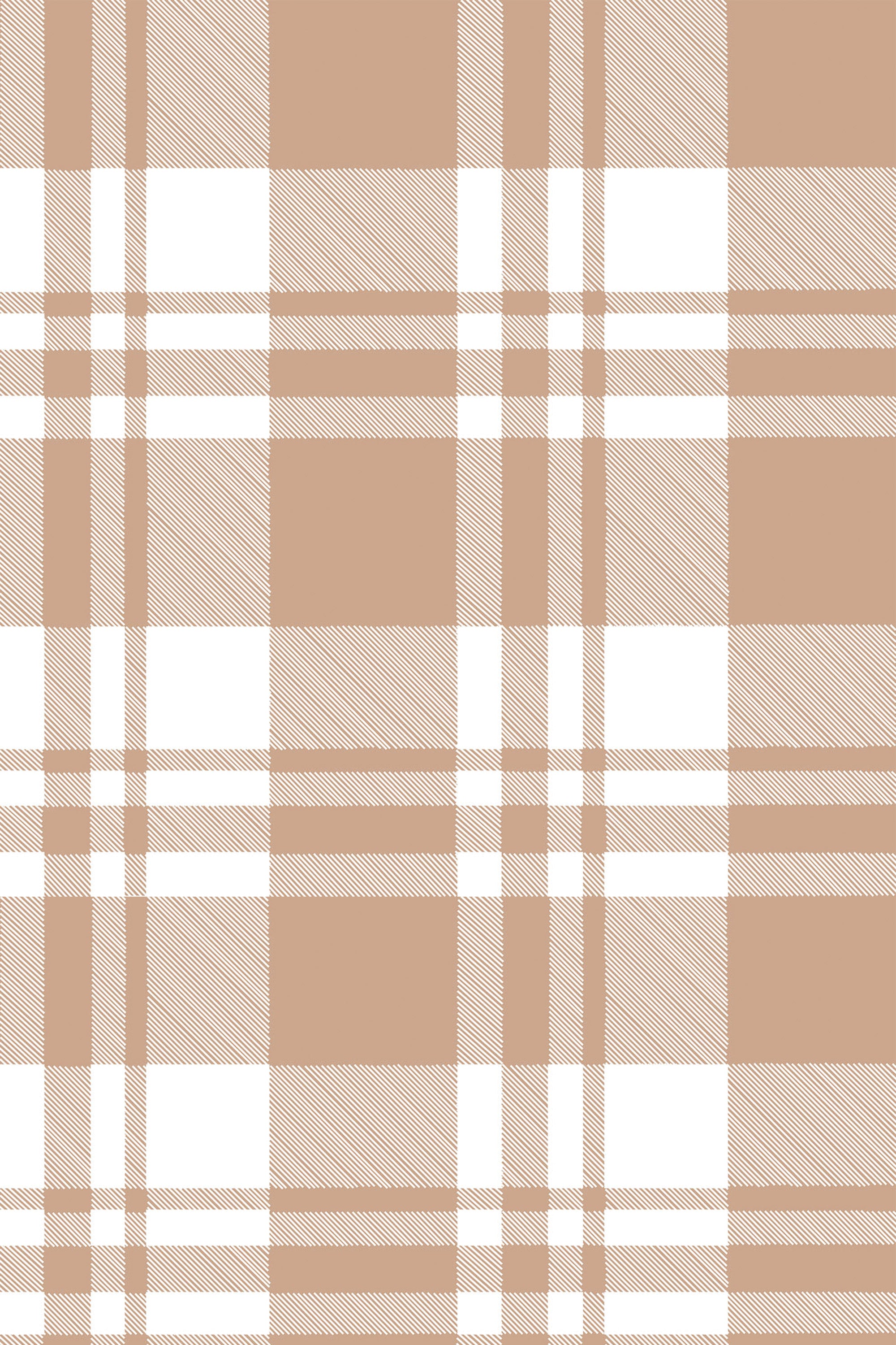 Tan and white plaid pattern with a simple, minimalistic design in a repeated square grid with thin lines and cross-hatch detailing, peel and stick removable wallpaper.