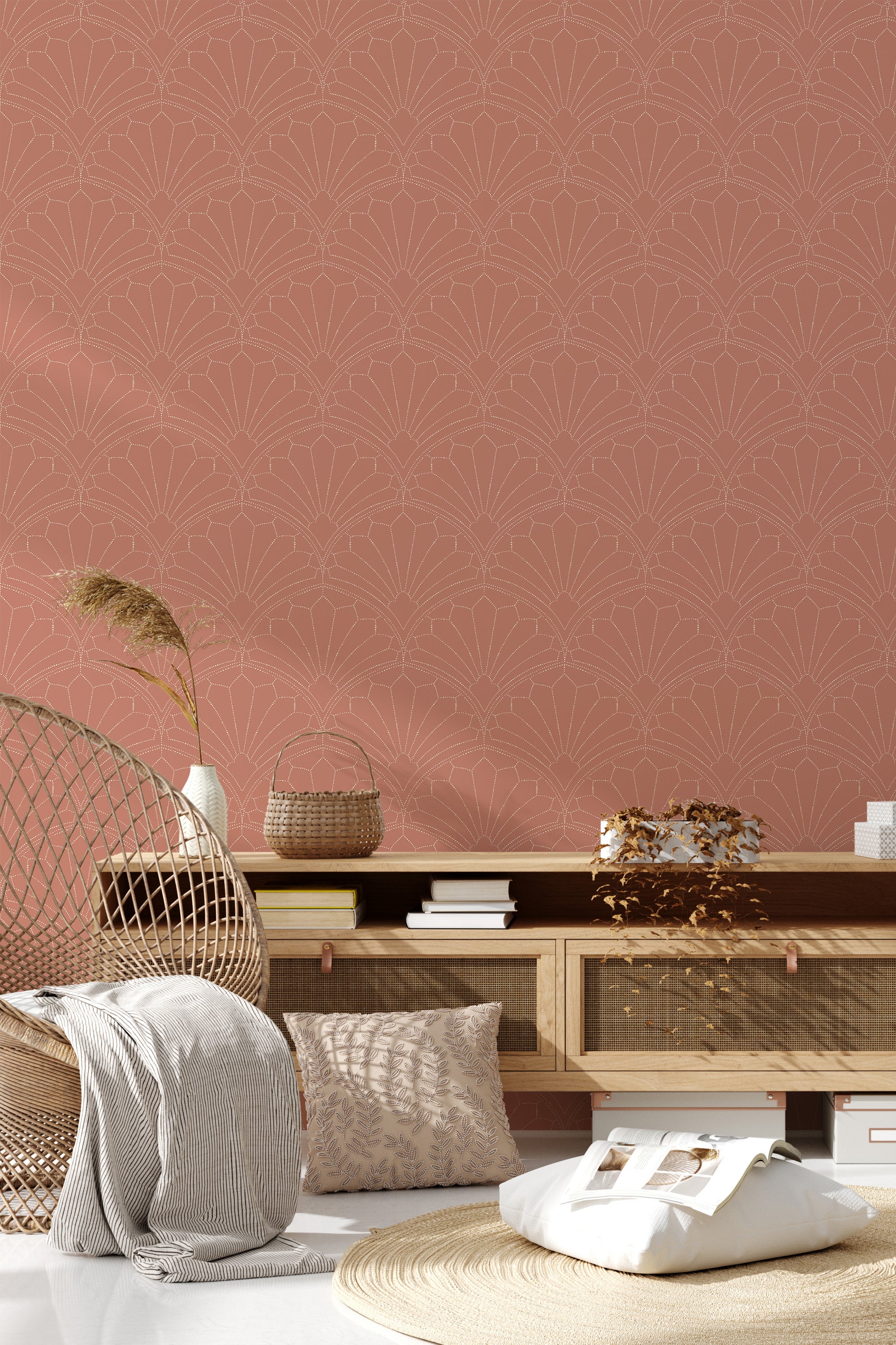 A room with Art Deco-inspired dotted wallpaper, showing a geometric pattern of fan-like shapes in a muted, warm terracotta color. The subtle, repetitive design adds texture and sophistication to the space, evoking a sense of vintage elegance with a contemporary twist. Traditional wallpaper.