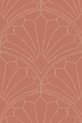 Art deco dotted wallpaper with a repeating geometric pattern of white dots forming intricate fan shapes against a muted terracotta background. Peel and stick removable wallpaper.