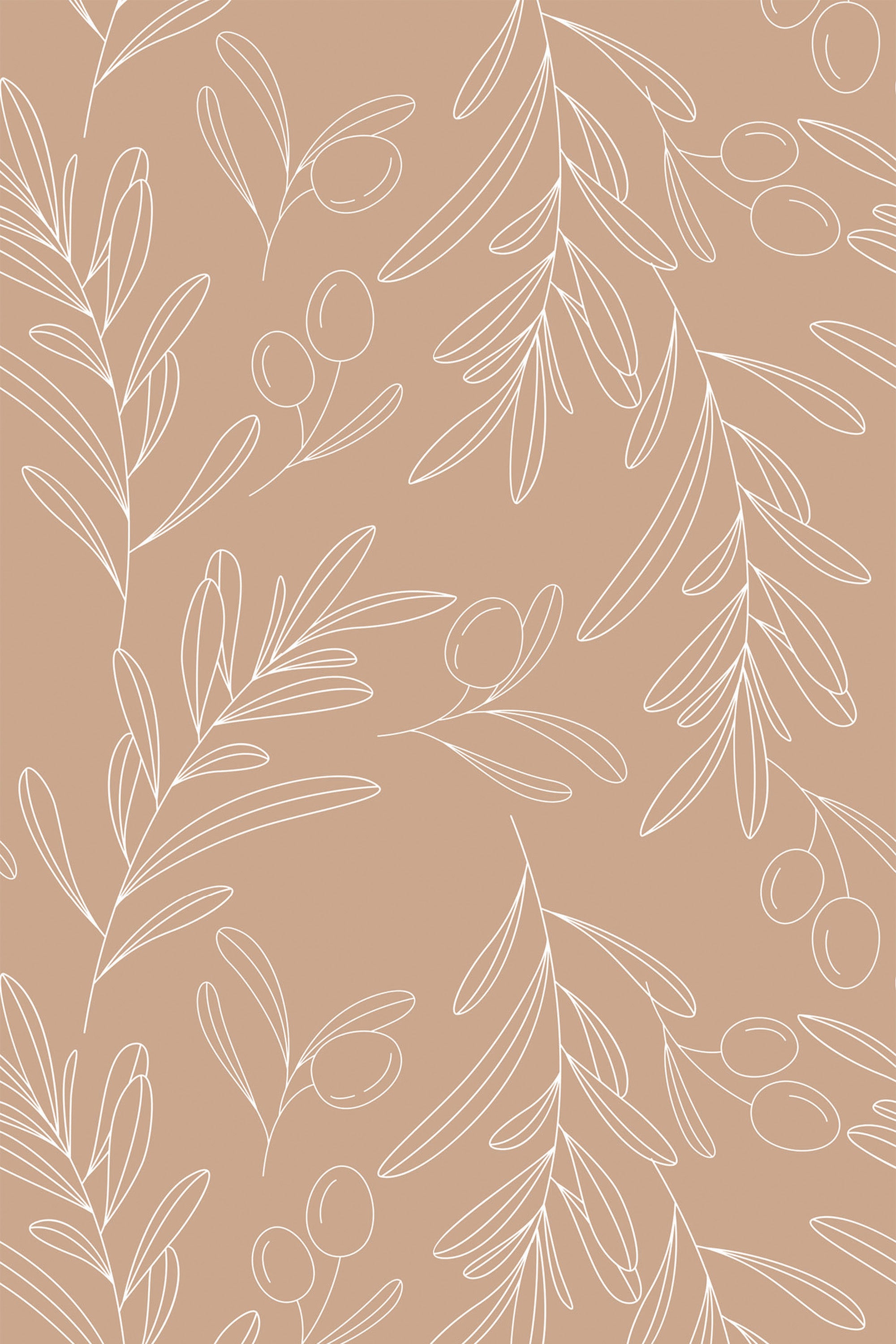 This wallpaper design has a minimalistic olive tree pattern with delicate white linework of olive branches and leaves on a soft beige background. Ideal for a modern and subtle decorative touch, this peel and stick removable wallpaper brings a natural element into any space.