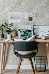 Self-adhesive yellow geometric wallpaper with interconnected lines forming an intricate, modern pattern. The bright yellow contrasts against the white background, creating a lively and dynamic visual effect, perfect for adding character to a room.