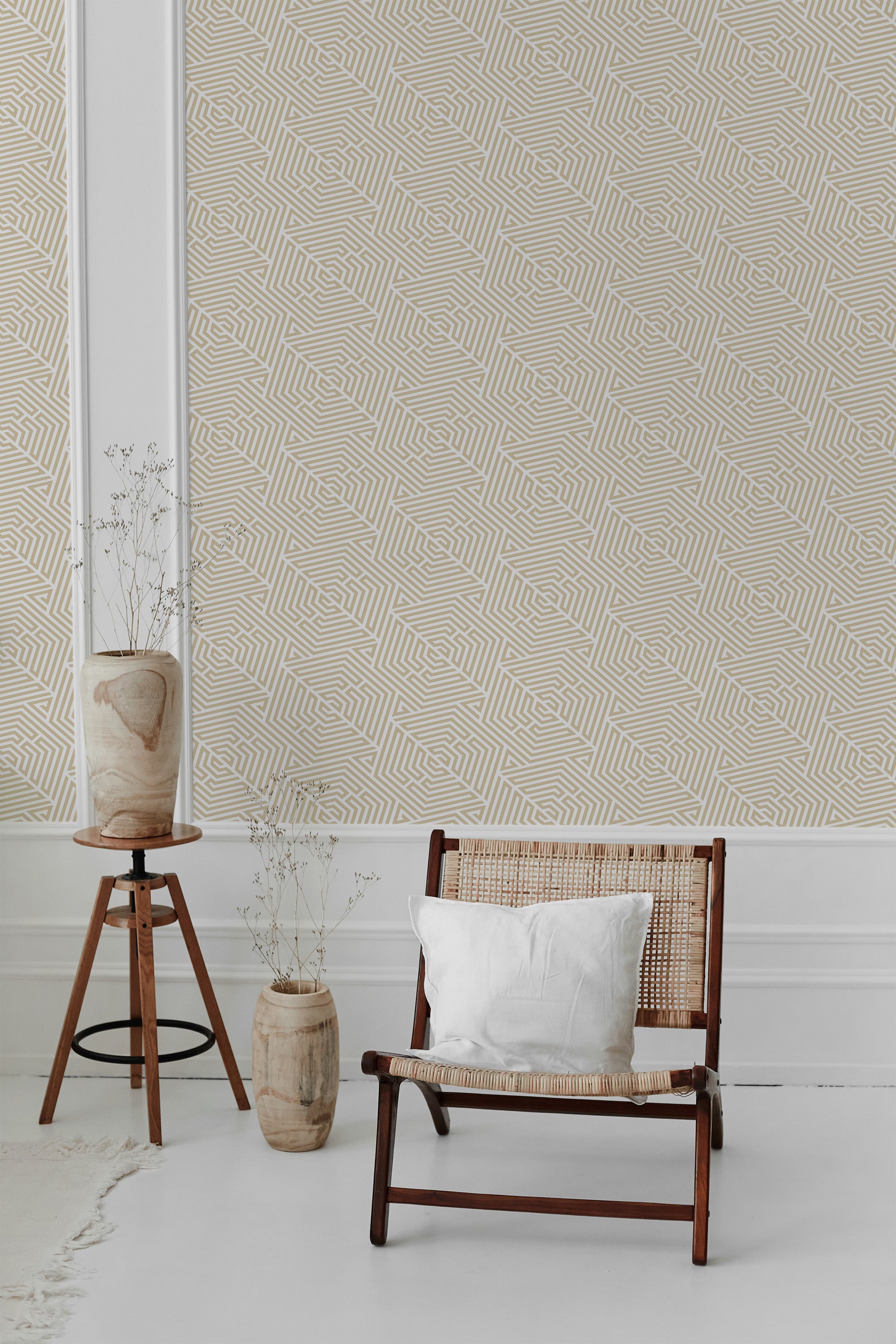 A yellow geometric wallpaper with a pattern of interlocking lines and shapes, creating a modern yet understated visual impact. Accented by neutral tones, the wallpaper adds subtle sophistication to the room while maintaining a timeless appeal, traditional wallpaper.