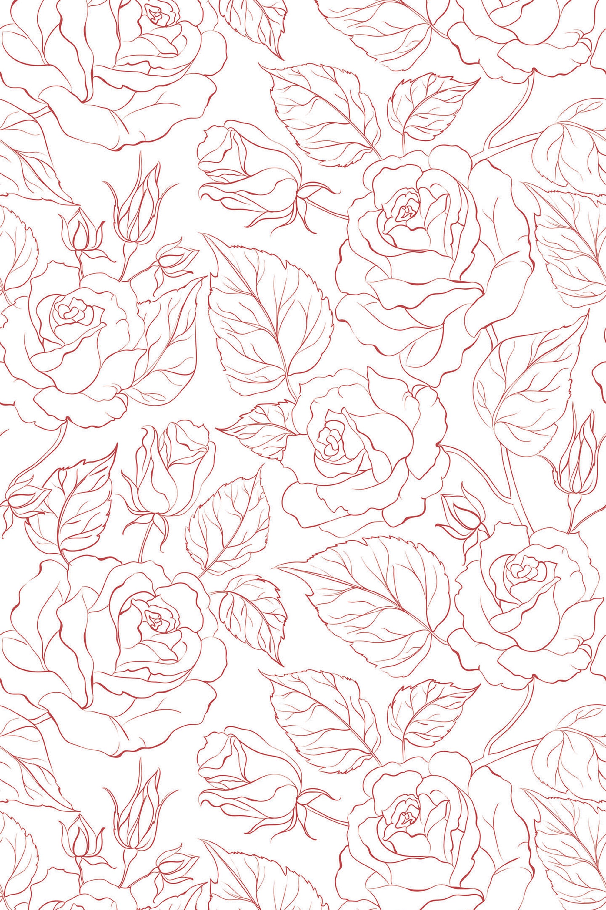 A repetition of delicate line-drawn roses and leaves in a minimalistic, retro style, creating a continuous floral pattern. Peel and stick removable wallpaper.