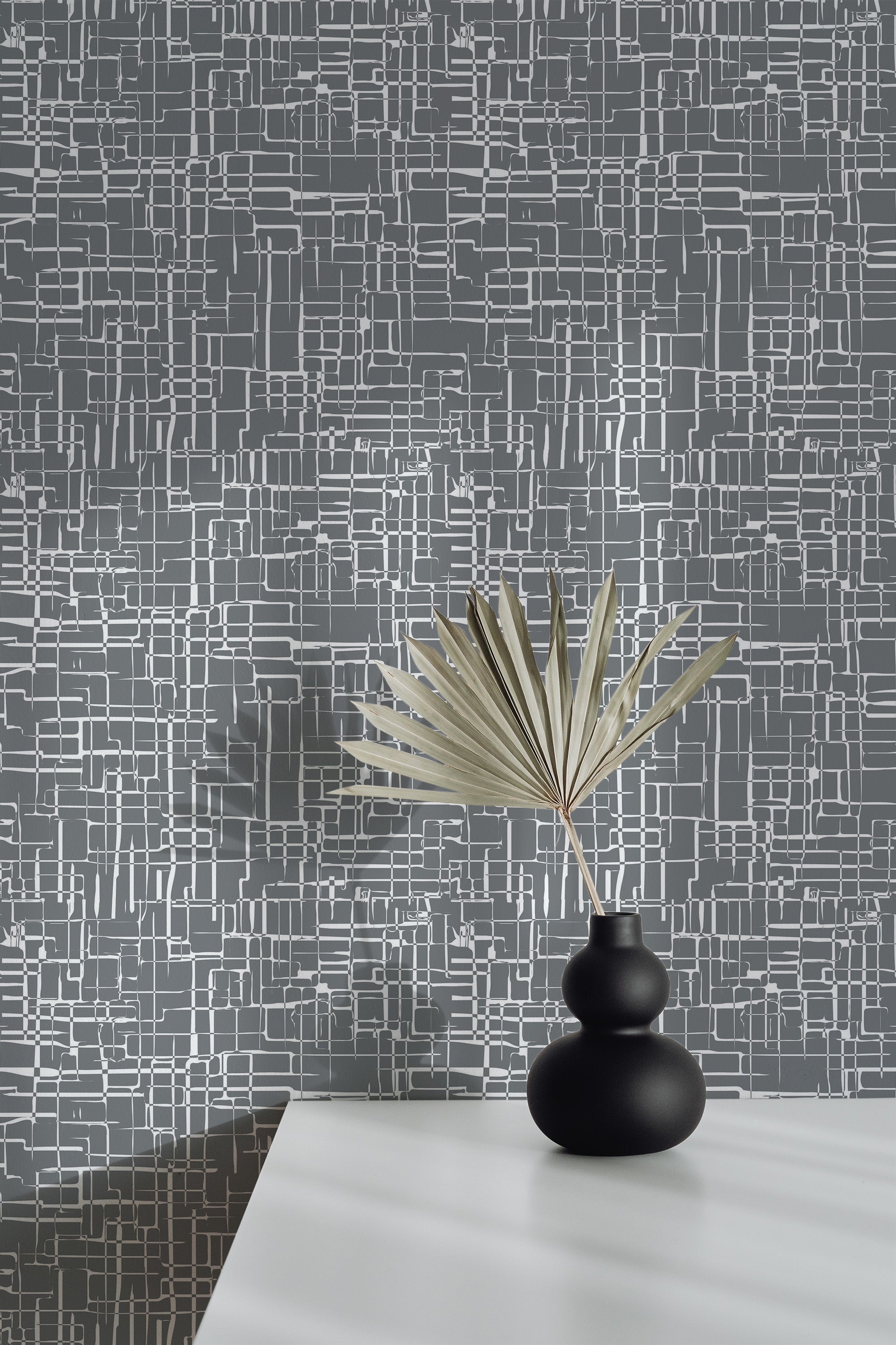 Self-adhesive wallpaper with a vintage abstract grid design in muted tones, creating a modern, geometric aesthetic.