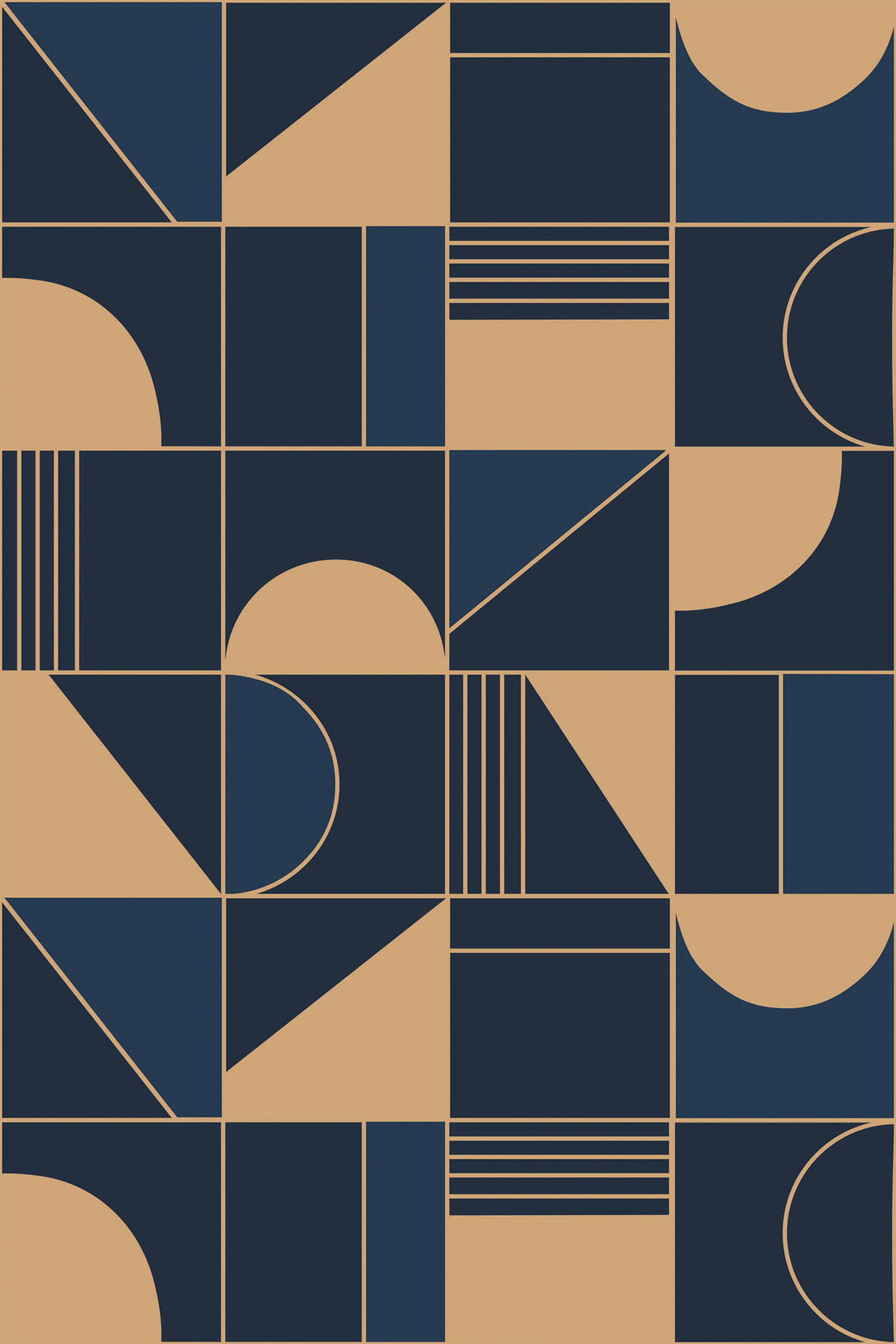 A geometric pattern with navy blue shapes on a beige background, forming a repeating design of circles, squares, triangles, and lines. The simple shapes and contrasting colors give the wallpaper a retro tile aesthetic. Peel and stick removable wallpaper.