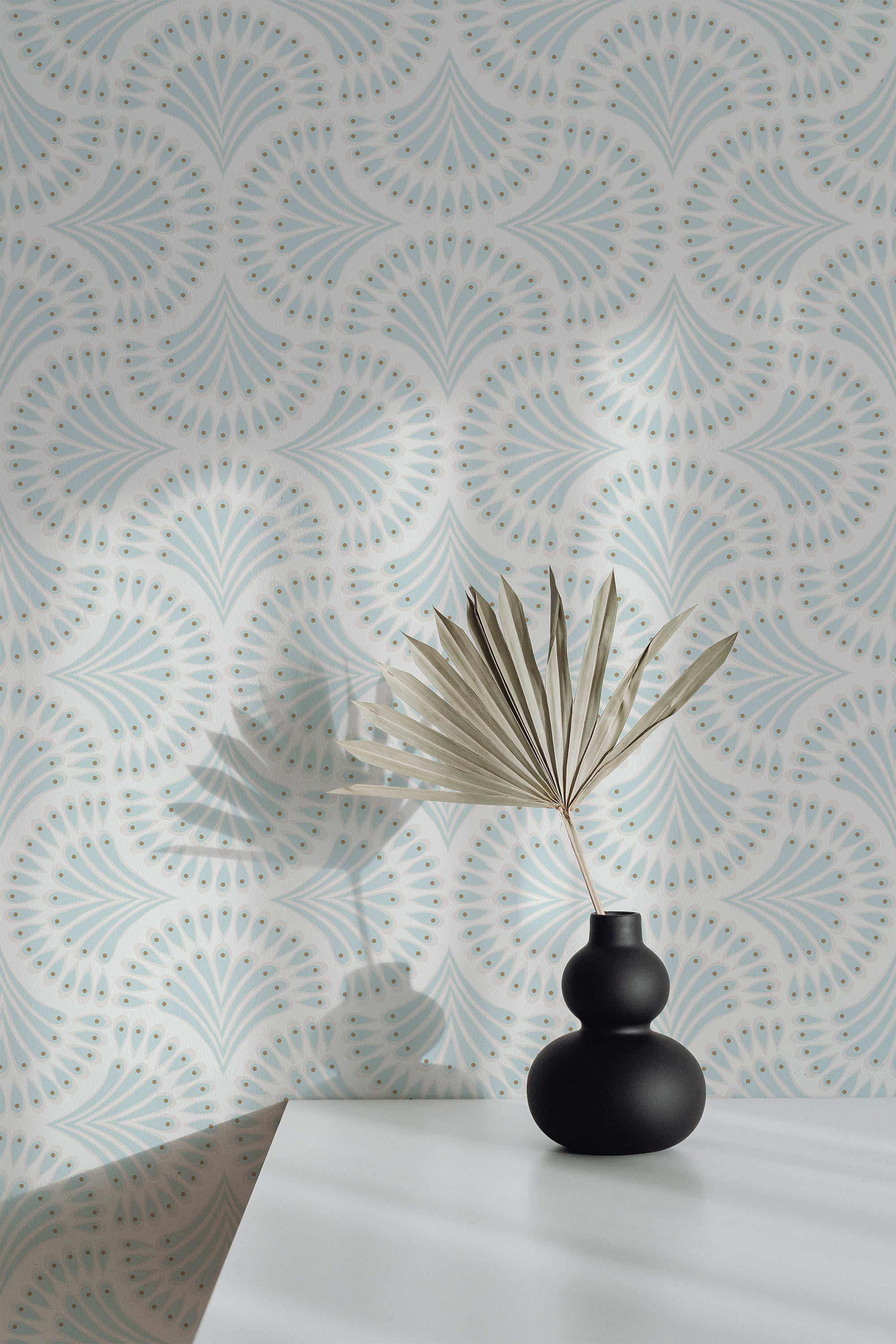 Self-adhesive wallpaper with a seamless art deco pattern of fan-shaped designs in soft pastel tones, adding a retro yet elegant touch to the room.