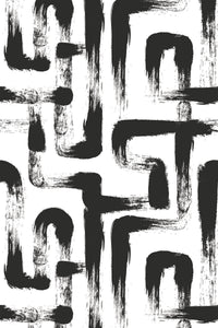 A black and white abstract wallpaper pattern with bold, sweeping brushstroke lines forming interconnected geometric maze-like shapes against a white background, peel and stick removable wallpaper.