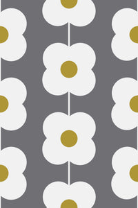 A repeating pattern of white flowers with mustard-yellow centers arranged in vertical lines on a gray background, peel and stick removable wallpaper.