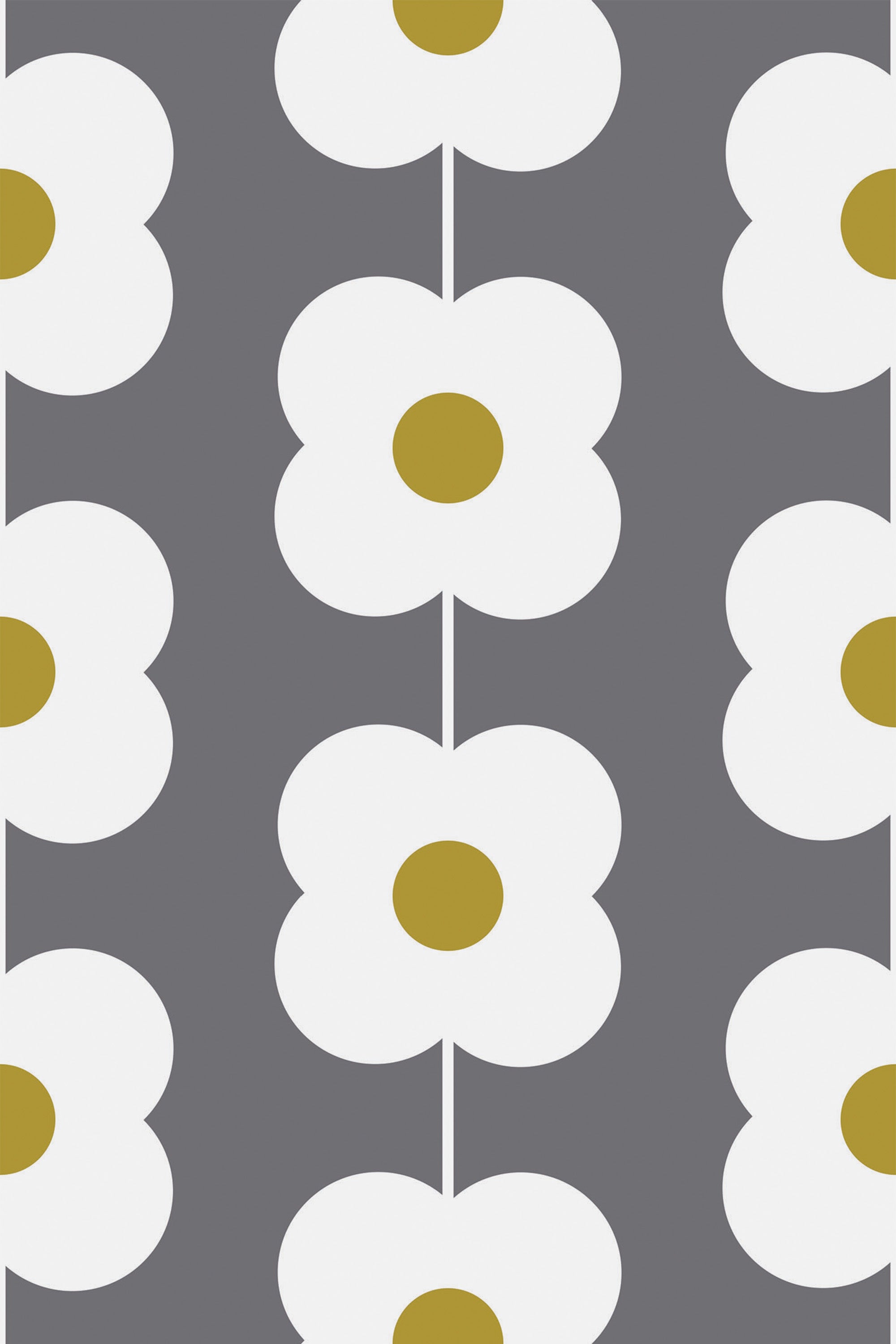A repeating pattern of white flowers with mustard-yellow centers arranged in vertical lines on a gray background, peel and stick removable wallpaper.