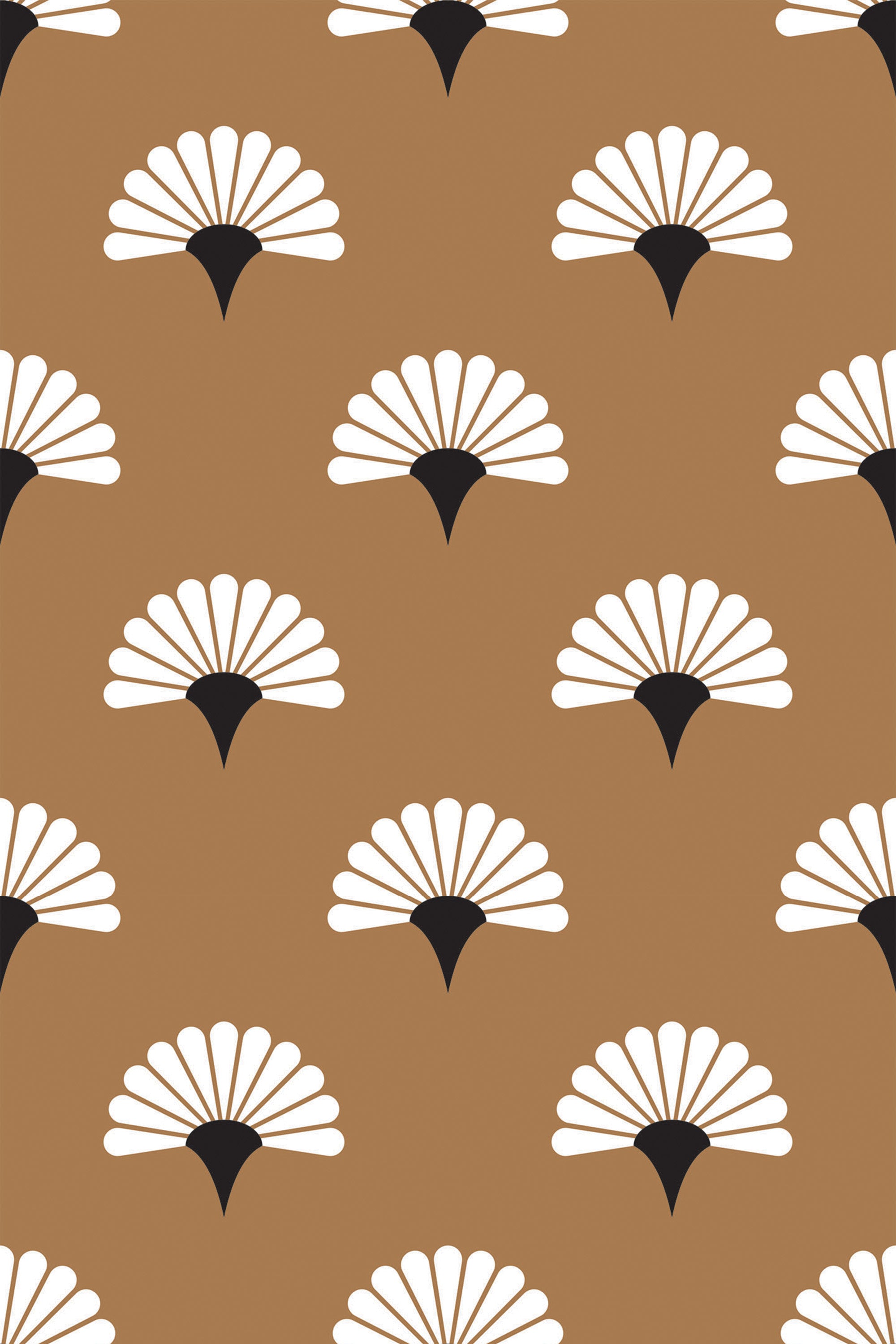 A pattern of white Japanese floral motifs with black accents on a brown background, designed as peel and stick removable wallpaper.