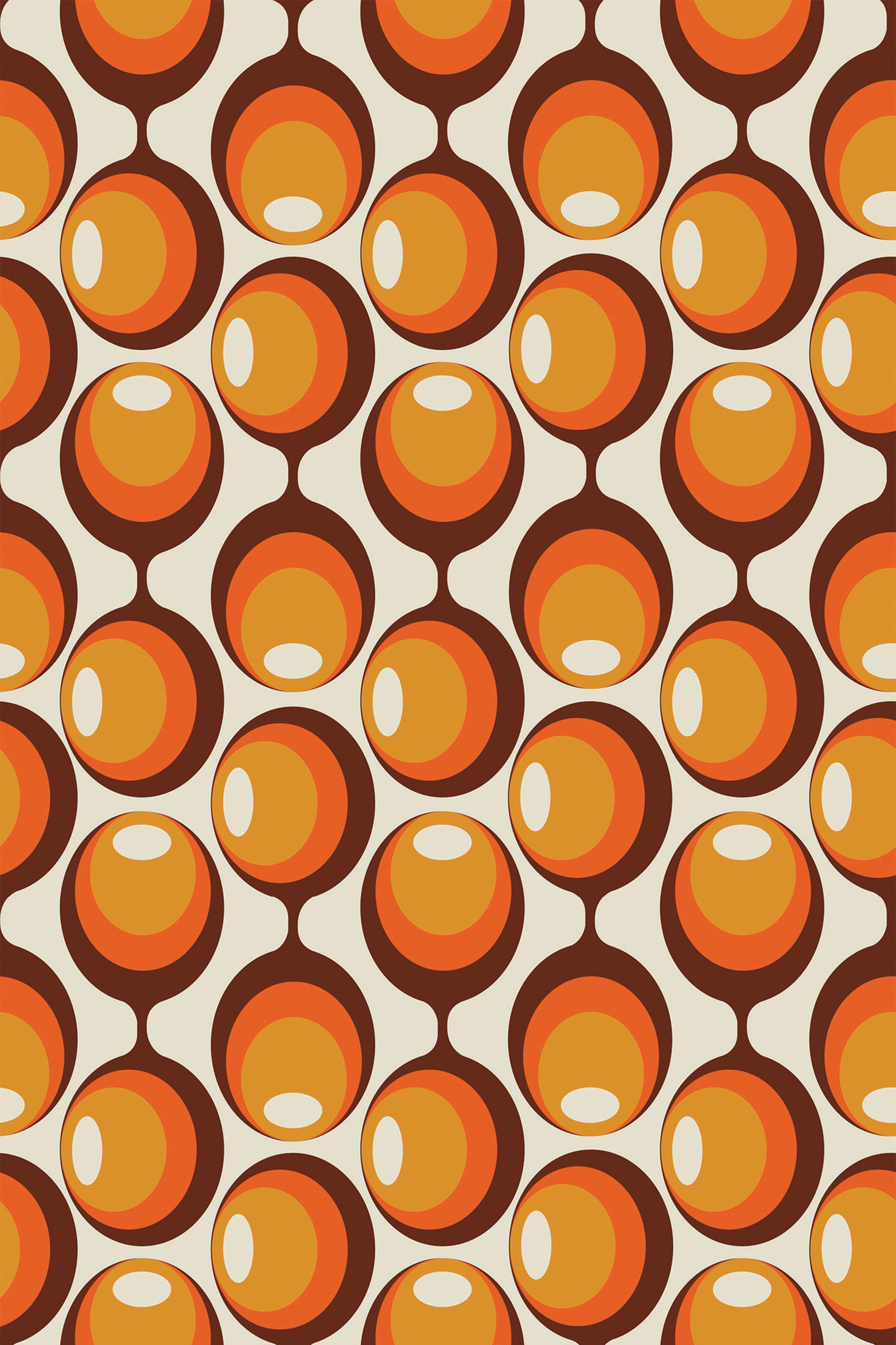 Orange and cream retro circles in a seamless pattern on peel and stick removable wallpaper.