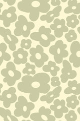 Sage green retro floral pattern with large and small blooming flowers on a light background, peel and stick removable wallpaper.
