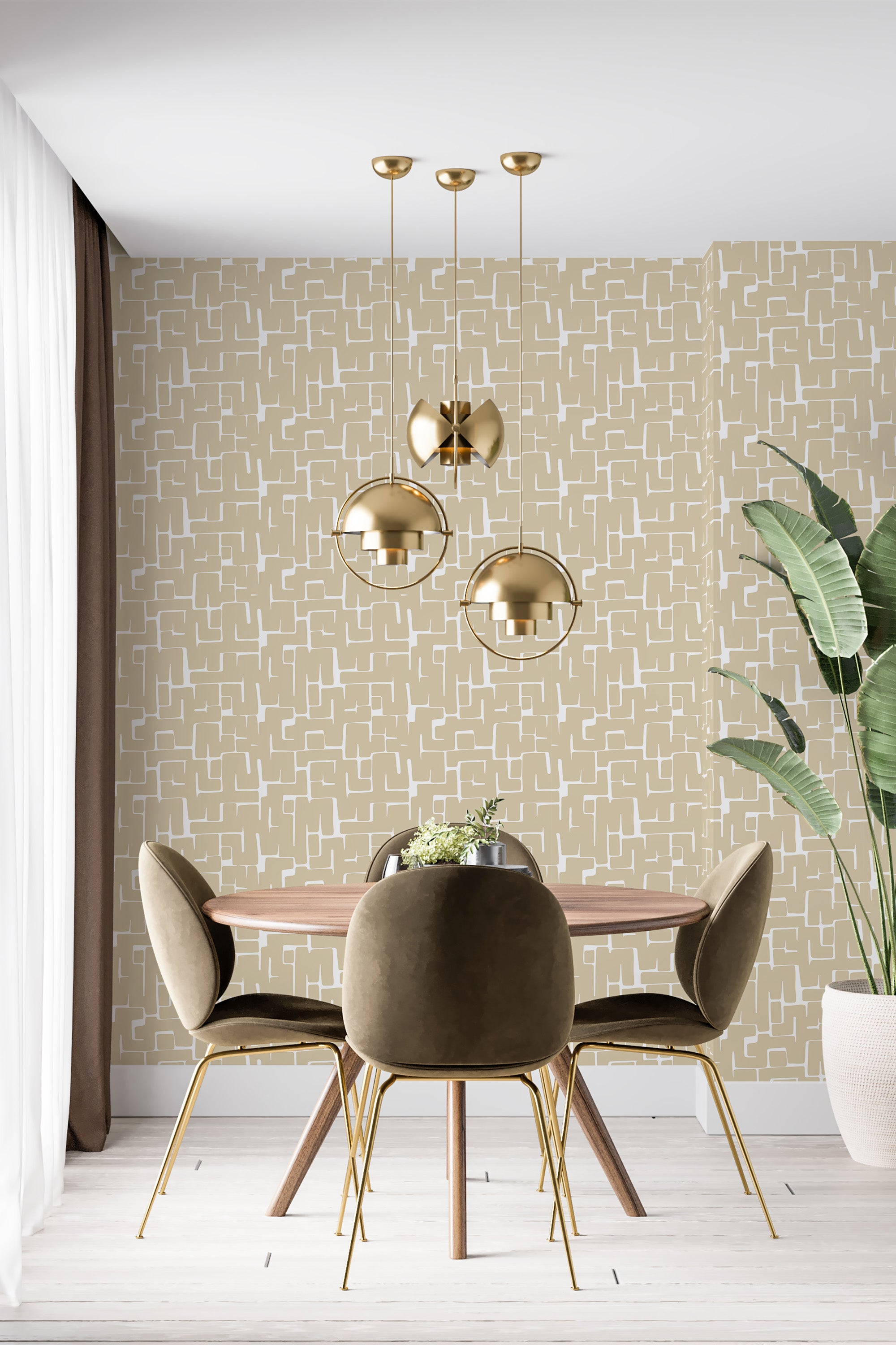 A room with beige wallpaper adorned with a pattern of simple gold brush strokes in a geometric layout, lending a modern yet traditional wallpaper feel.