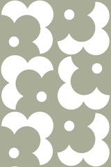 White retro floral patterns on a muted green background, peel and stick removable wallpaper.